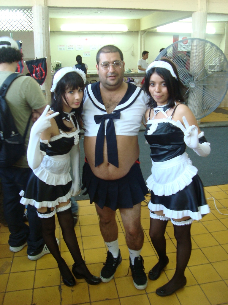 cosplay photo, photo (medium), 1boy, 2girls, backpack, bag, cosplay, hand fan, maid, multiple girls, sailor