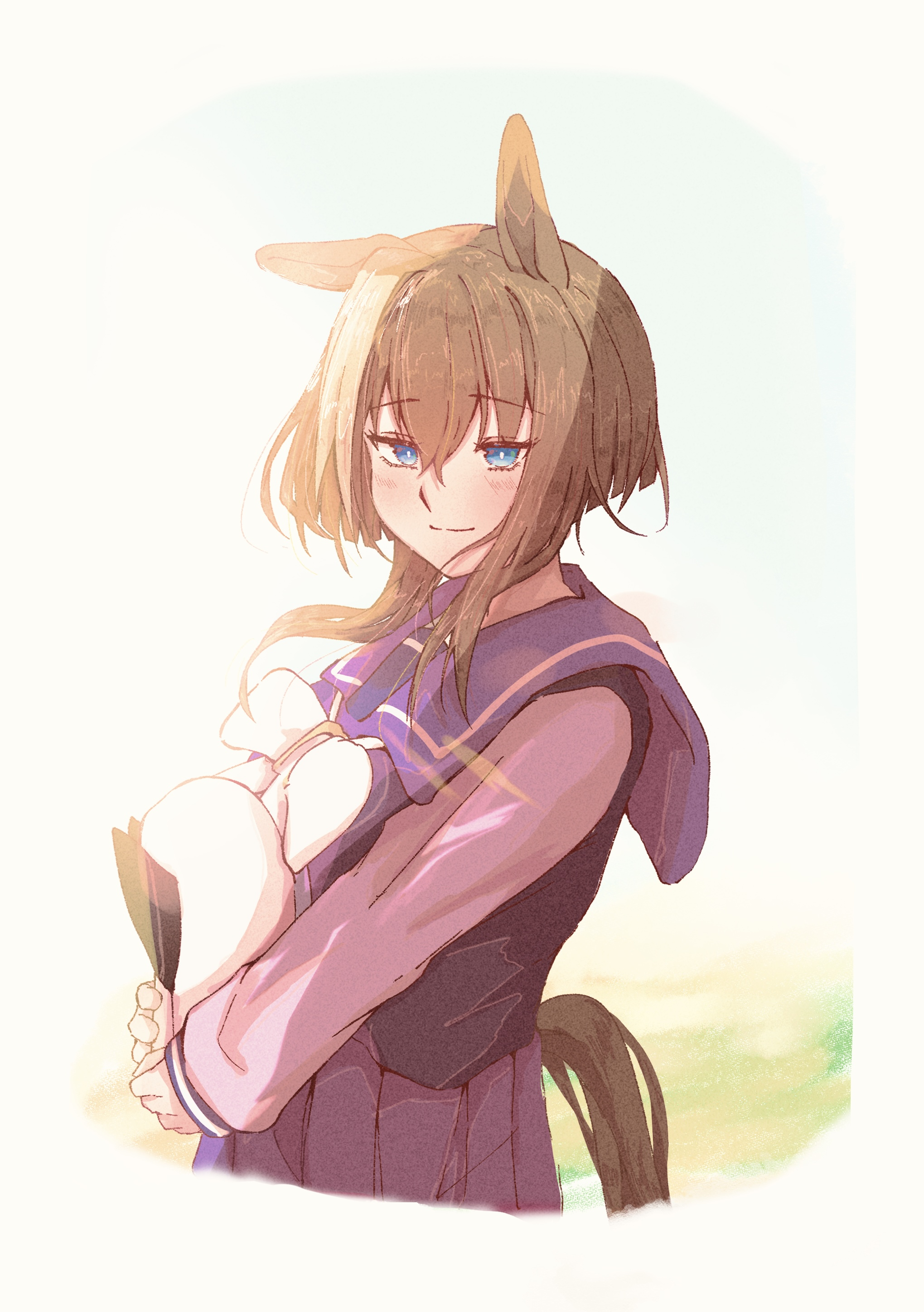 b0tam0chi3, cheval grand (umamusume), umamusume, absurdres, commentary request, highres, 1girl, animal ears, blue eyes, blush, bow, bowtie, breasts, brown hair, closed mouth, hair between eyes, hat, holding, holding unworn clothes, holding unworn hat, horse ears, horse girl, horse tail, long hair, long sleeves, looking at viewer, multicolored hair, pleated skirt, purple sailor collar, purple serafuku, purple shirt, purple skirt, sailor collar, sailor shirt, school uniform, serafuku, shirt, skirt, smile, solo, streaked hair, tail, tracen school uniform, unworn hat, unworn headwear, white bow, white bowtie, white hair, white hat