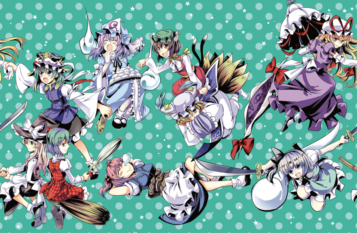 taki tarou, takitarou, chen, kazami yuuka, kirisame marisa, konpaku youmu, konpaku youmu (ghost), onozuka komachi, saigyouji yuyuko, shiki eiki, yakumo ran, yakumo yukari, touhou, bad id, bad pixiv id, 6+girls, animal ears, apron, blonde hair, bow, broom, broom riding, cat ears, cat girl, closed umbrella, dress, dual wielding, earrings, eating, elbow gloves, female focus, food, fox tail, gap (touhou), gloves, hair bobbles, hair ornament, hat, hat bow, hitodama, holding, jewelry, multiple girls, multiple tails, nose bubble, onigiri, parasol, plaid clothes, plaid skirt, plaid vest, rod of remorse, skirt, skirt set, sleeping, sword, tail, tileable, twintails, two side up, umbrella, vest, weapon, witch hat