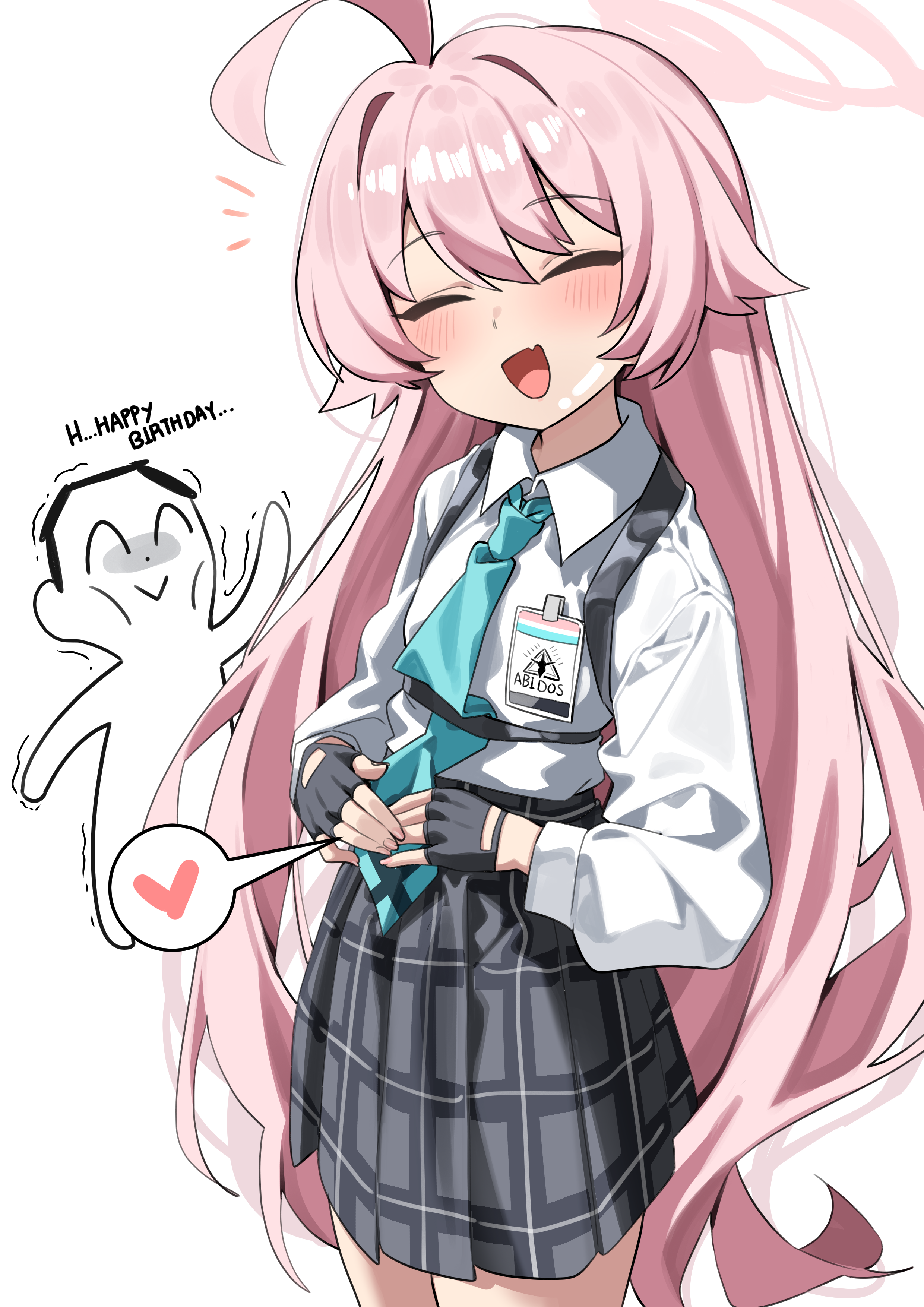 rirua (kjom802), doodle sensei (blue archive), hoshino (blue archive), sensei (blue archive), blue archive, absurdres, commentary, highres, korean commentary, 1boy, 1girl, ^ ^, ahoge, aqua necktie, black gloves, black skirt, blush, chest harness, closed eyes, english text, fang, fingerless gloves, gloves, hair flaps, halo, hands on own stomach, harness, heart, id card, implied after sex, long hair, long sleeves, necktie, pink hair, plaid clothes, plaid skirt, pleated skirt, school uniform, shirt, skin fang, skirt, spoken heart, straight hair, sunken cheeks, very long hair, white shirt