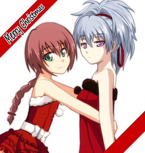 pipipi wave, suou pavlichenko, yin (darker than black), darker than black, silver hair, 00s, 2girls, christmas, green eyes, multiple girls, purple eyes, red hair