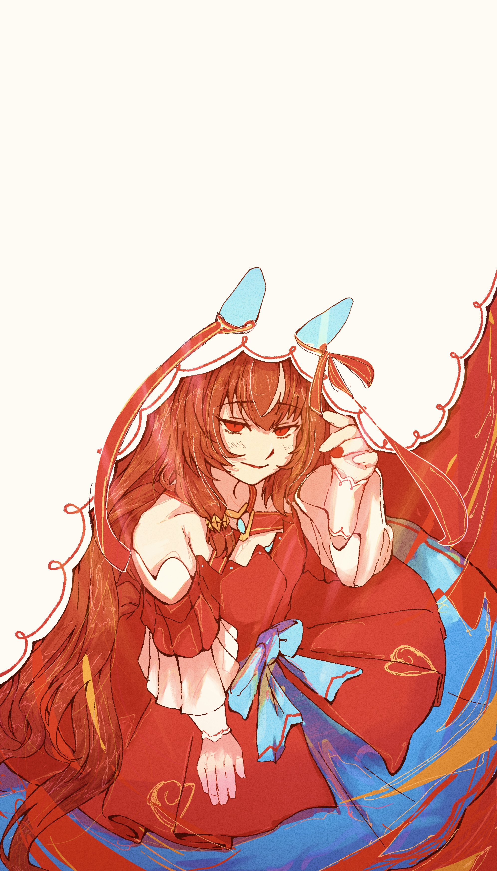 b0tam0chi3, still in love (scarlet vow raiment) (umamusume), still in love (umamusume), umamusume, absurdres, commentary request, highres, 1girl, animal ears, bare shoulders, bow, brown hair, closed mouth, collarbone, detached sleeves, dress, ear covers, ear ribbon, hair between eyes, horse ears, horse girl, long hair, looking at viewer, red dress, red eyes, ribbon, solo, veil, white streaks, white veil