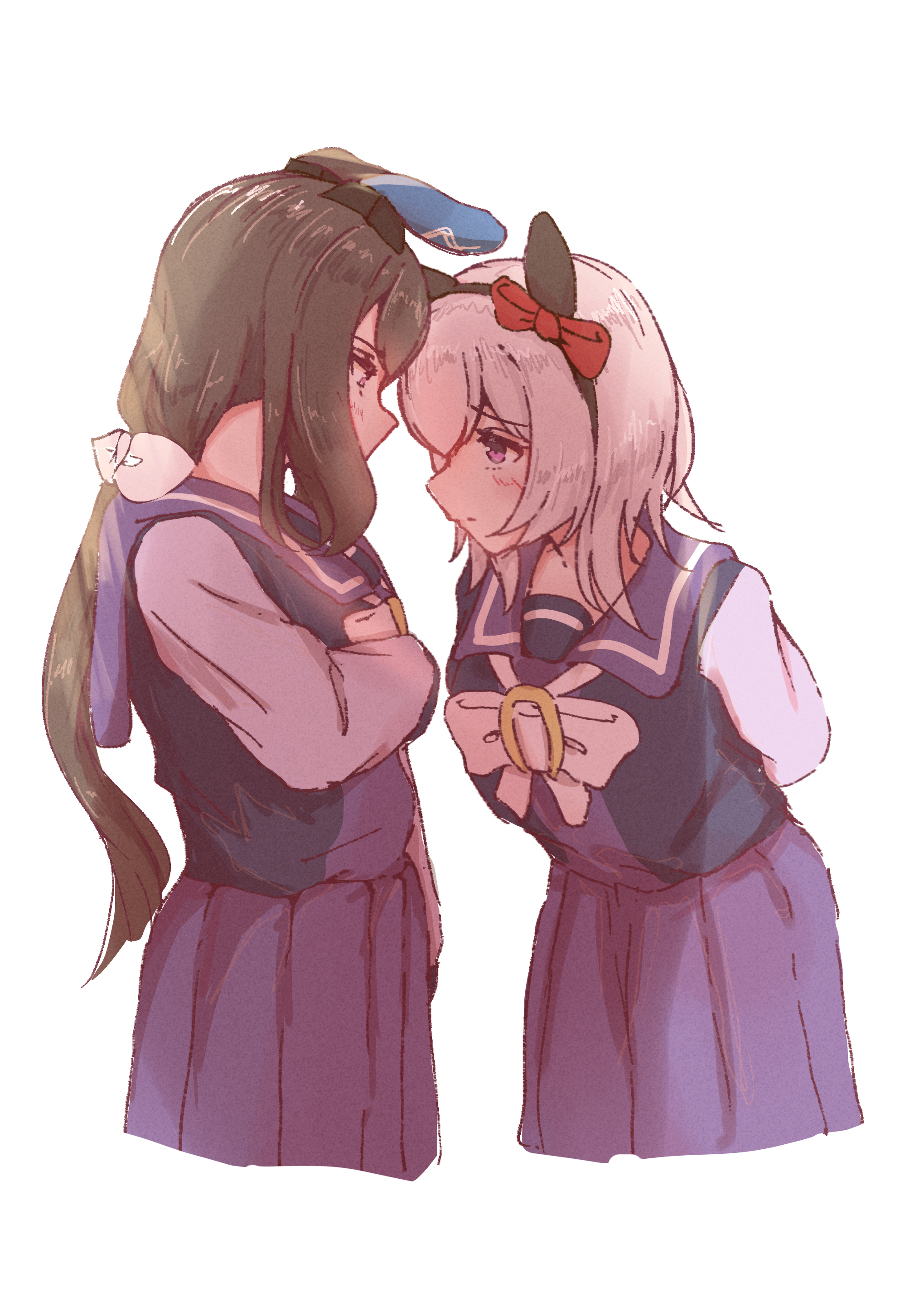 b0tam0chi3, admire vega (umamusume), curren chan (umamusume), umamusume, absurdres, commentary request, highres, 2girls, animal ears, arms behind back, black hairband, blush, bow, bowtie, brown hair, ear bow, ear covers, grey hair, hair between eyes, hairband, horse ears, horse girl, long hair, long sleeves, looking at another, multiple girls, no tail, pleated skirt, ponytail, purple eyes, purple sailor collar, purple serafuku, purple shirt, purple skirt, red bow, sailor collar, sailor shirt, school uniform, serafuku, shirt, short hair, simple background, single ear cover, skirt, tracen school uniform, white background, white bow, white bowtie