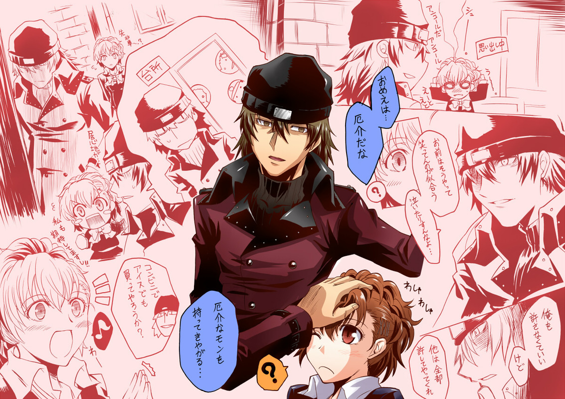 segami daisuke, aragaki shinjirou, iori junpei, sanada akihiko, shiomi kotone, yamagishi fuuka, atlus, persona, persona 3, persona 3 portable, translation request, 1boy, 1girl, ?, beanie, blush, buttons, chibi, coat, couple, double-breasted, hat, headpat, hetero, one eye closed, school uniform, smile, trench coat, wink