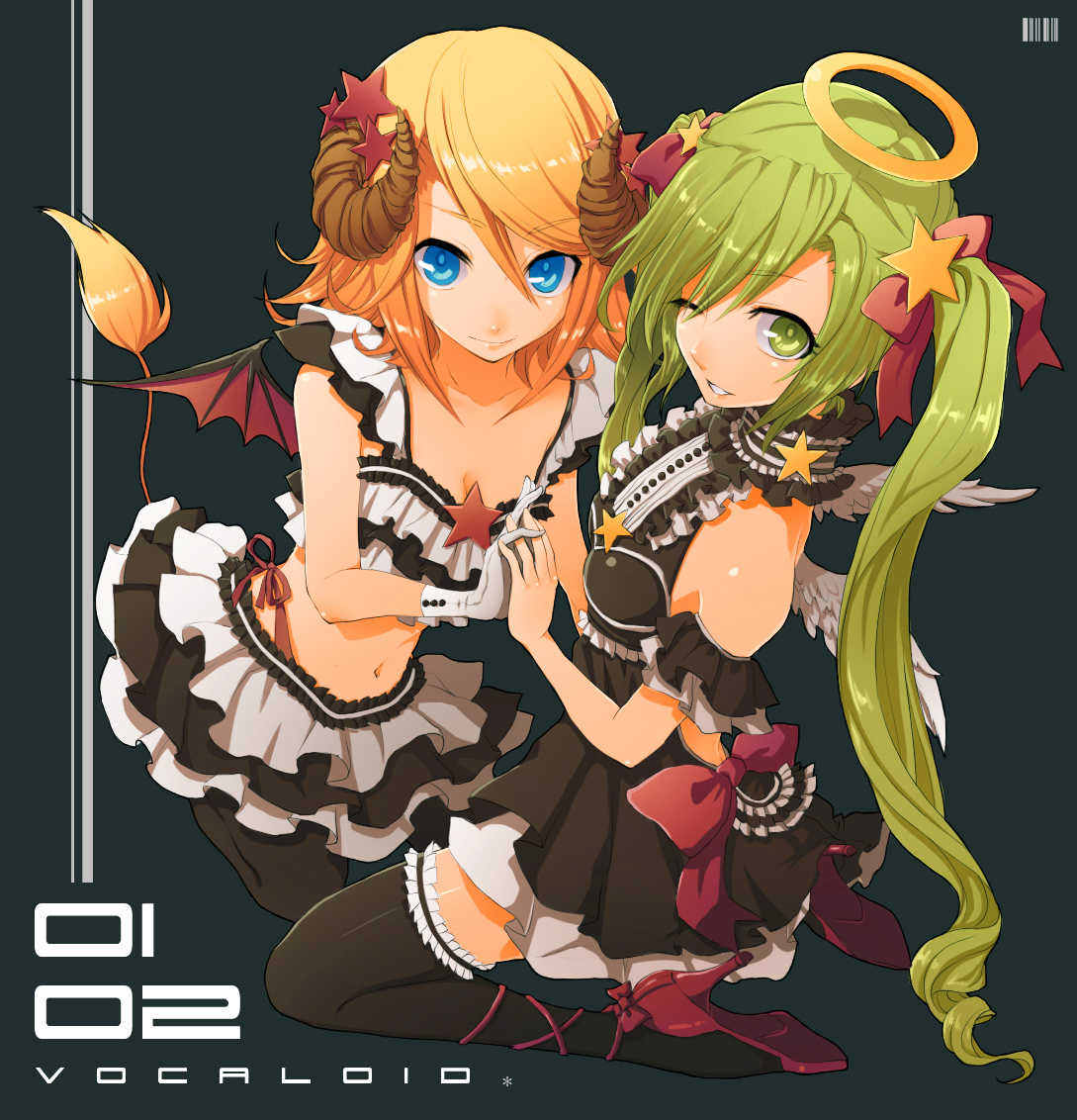 ochakai shin'ya, hatsune miku, kagamine rin, vocaloid, black legwear, bad id, bad pixiv id, 2girls, angel, angel and devil, angel wings, arm garter, bare shoulders, bat wings, blue eyes, bow, breasts, cleavage, crop top, demon, demon girl, dress, frills, gloves, green eyes, green hair, hair bow, halo, high heels, holding hands, horns, kneeling, long hair, midriff, multiple girls, navel, one eye closed, orange hair, shoes, short hair, skirt, smile, star (symbol), tail, thighhighs, traditional halo, twintails, very long hair, wings, wink, zettai ryouiki