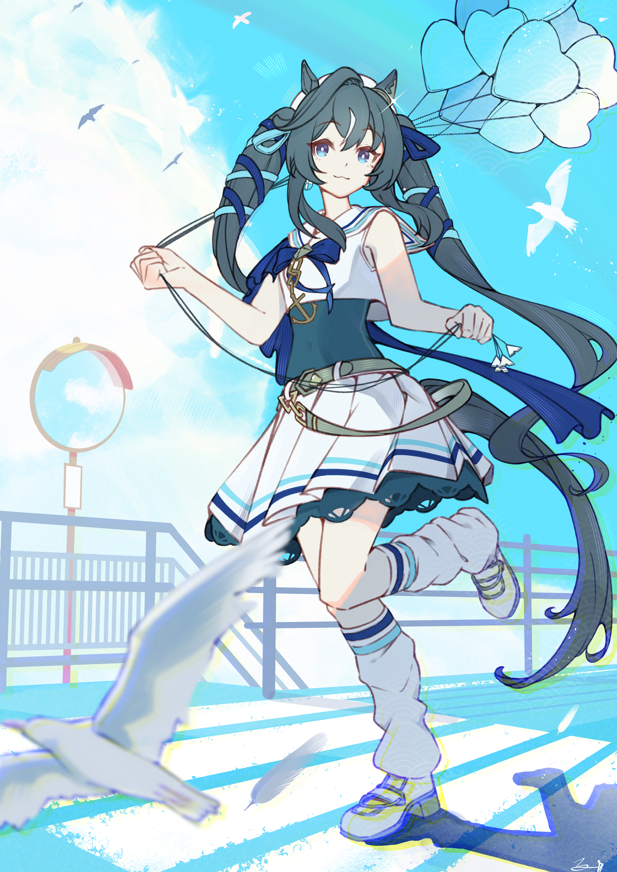 shikahisa totani, vivlos (umamusume), vivlos (voyage etincelant) (umamusume), umamusume, absurdres, commentary request, highres, 1girl, :3, anchor necklace, anchor ornament, animal ears, balloon, belt, beret, bird, blue eyes, blue ribbon, breasts, brown hair, closed mouth, cropped shirt, ear covers, hair between eyes, hair ribbon, hat, heart balloon, holding, holding balloon, horse ears, horse girl, horse tail, jewelry, long hair, looking at viewer, loose socks, mole, mole under eye, multicolored hair, necklace, outdoors, ribbon, sailor collar, shirt, shoes, single ear cover, skirt, sky, sleeveless, sleeveless shirt, smile, socks, solo, streaked hair, swimsuit, swimsuit under clothes, tail, twintails, white hat, white sailor collar, white shirt, white skirt, white socks