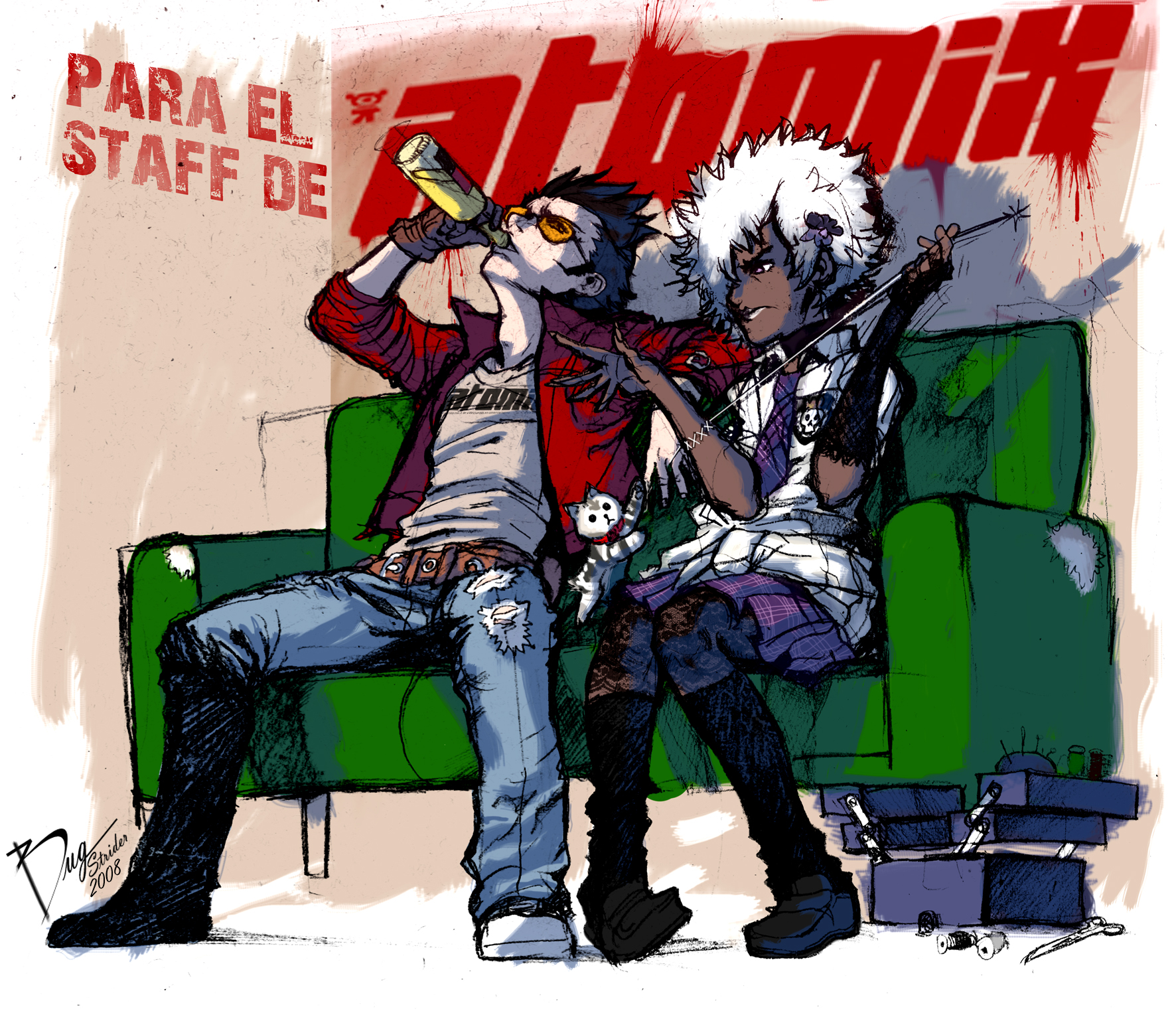 shinobu jacobs, travis touchdown, grasshopper manufacture, no more heroes, silver hair, highres, afro, belt, black hair, couch, drinking, glasses, gloves, jacket, necktie, scar, skirt, stitches, sunglasses, torn clothes