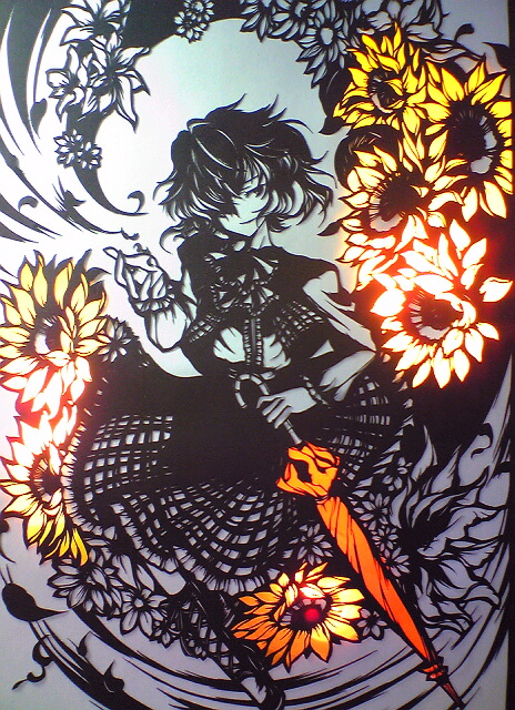 tsubameyado, kazami yuuka, touhou, traditional media, 1girl, ascot, blouse, closed umbrella, female focus, flower, hair over one eye, kirigami, monochrome, parasol, plaid clothes, plaid skirt, plaid vest, shirt, skirt, skirt set, solo, spot color, sunflower, umbrella, vest