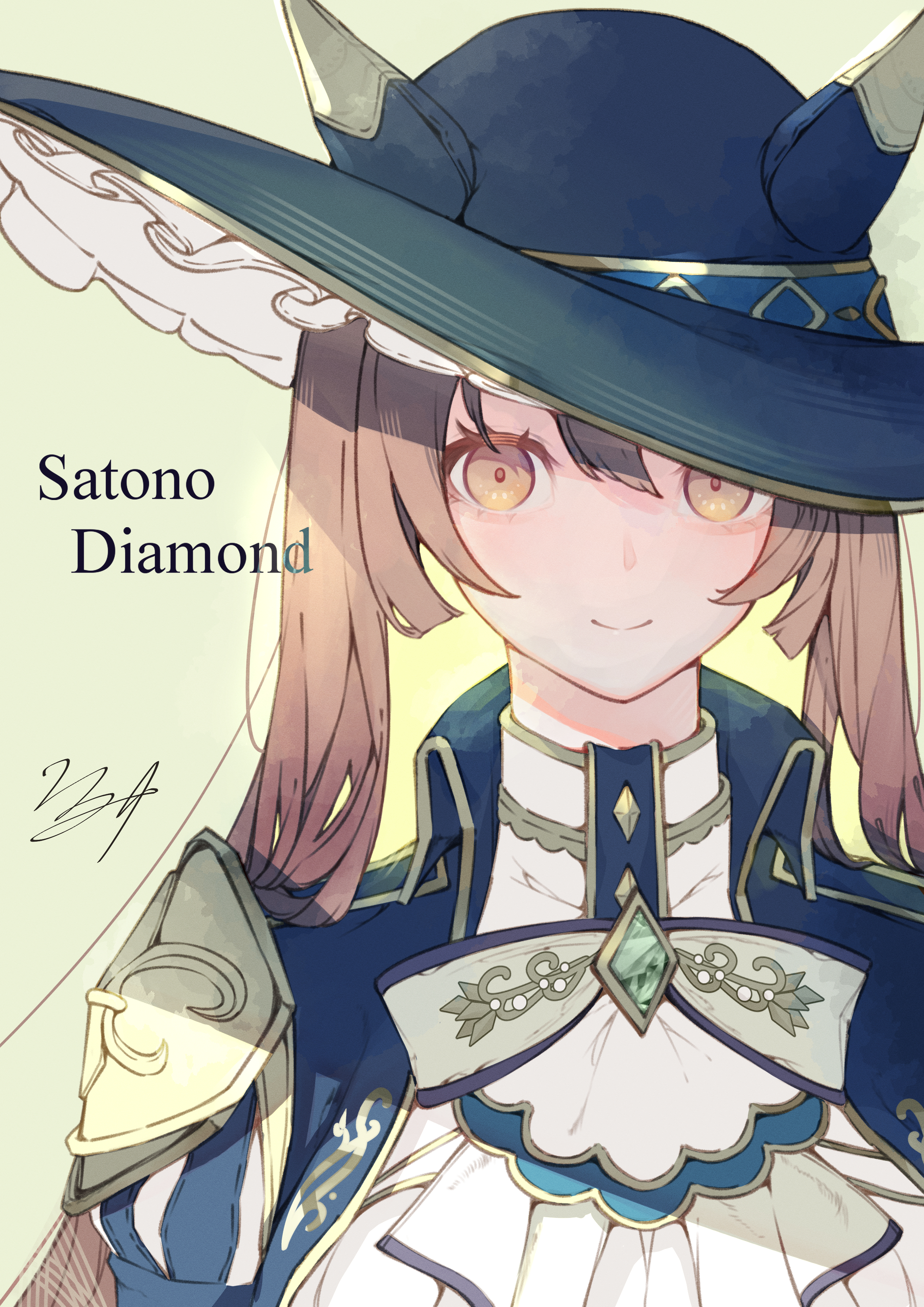 shikahisa totani, umamusume, absurdres, commentary request, highres, 1girl, animal ears, blue hat, blue jacket, breasts, brown eyes, brown hair, cavalier hat, closed mouth, ears through headwear, gem, gloves, green gem, hair between eyes, hat, horse ears, horse girl, jacket, long hair, long sleeves, looking at viewer, official alternate hairstyle, shirt, smile, solo, upper body, white gloves, white shirt, wide brim