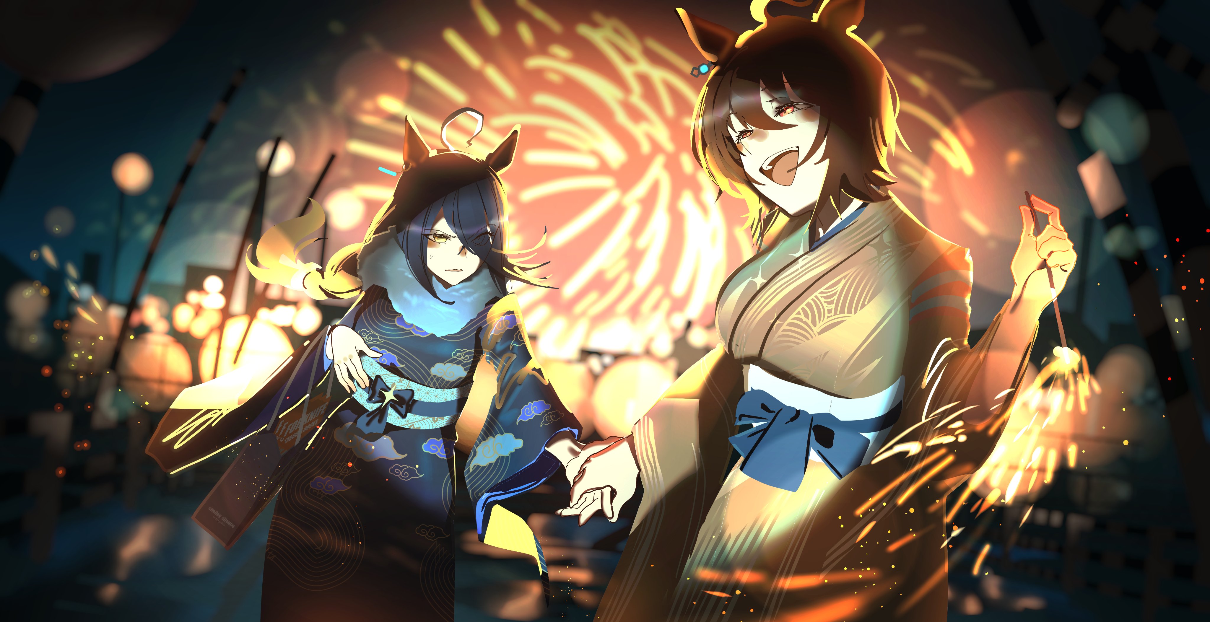 spindrift, agnes tachyon (umamusume), manhattan cafe (umamusume), umamusume, absurdres, commentary, english commentary, highres, 2girls, aerial fireworks, ahoge, animal ears, bag, black hair, black kimono, breasts, brown hair, chemical structure, ear tag, earrings, fireworks, hair between eyes, holding, holding fireworks, holding hands, horse ears, horse girl, japanese clothes, jewelry, kimono, long bangs, long hair, long hair between eyes, long sleeves, medium breasts, medium hair, multicolored hair, multiple girls, open mouth, outdoors, print kimono, red eyes, sash, shopping bag, single earring, smile, teeth, upper teeth only, very long hair, white hair, yellow eyes, yellow kimono