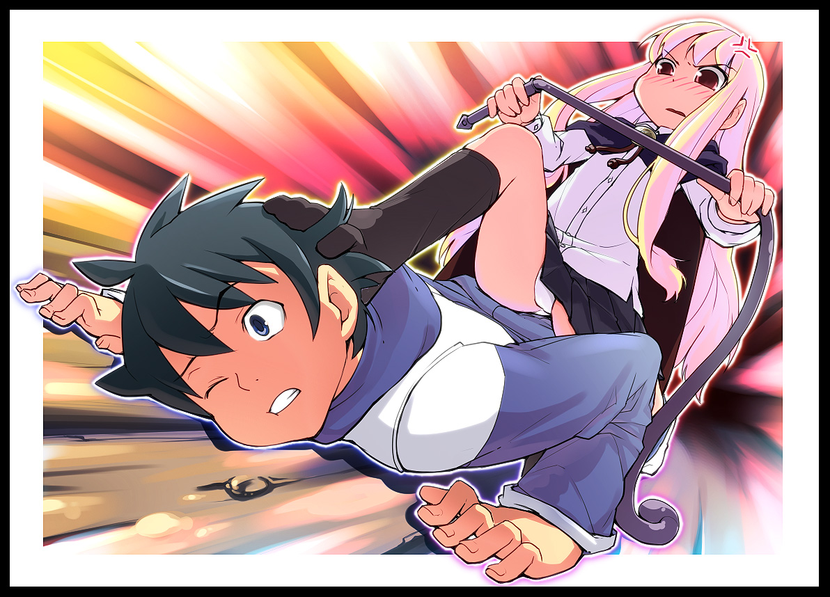 byo (kuro usagi), hiraga saito, louise francoise le blanc de la valliere, zero no tsukaima, trampling, bad id, bad pixiv id, 00s, 1boy, 1girl, angry, between toes, black border, black hair, blue eyes, blush, bolo tie, border, cape, feet, femdom, foot on head, foreshortening, hood, hoodie, kneehighs, long hair, panties, pantyshot, pink eyes, pink hair, raglan sleeves, school uniform, skirt, socks, sweater, toes, underwear, upskirt, whip