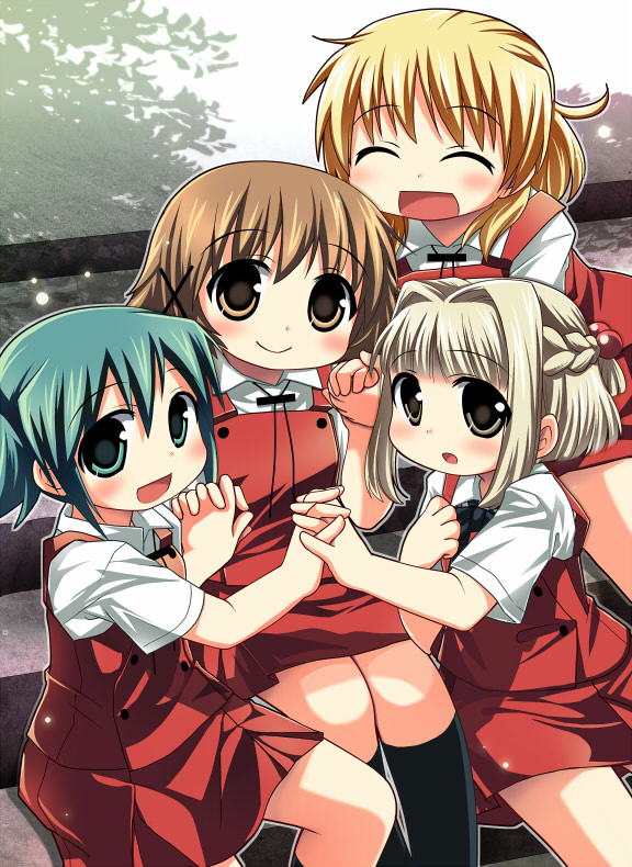 nagayama yuunon, miyako (hidamari sketch), nazuna (hidamari sketch), nori (hidamari sketch), yuno (hidamari sketch), hidamari sketch, 00s, 4girls, blonde hair, blue eyes, blue hair, braid, brown eyes, brown hair, closed eyes, green eyes, green hair, hair bobbles, hair ornament, half updo, holding hands, kneehighs, multiple girls, school uniform, short hair, smile, socks, yamabuki high school uniform