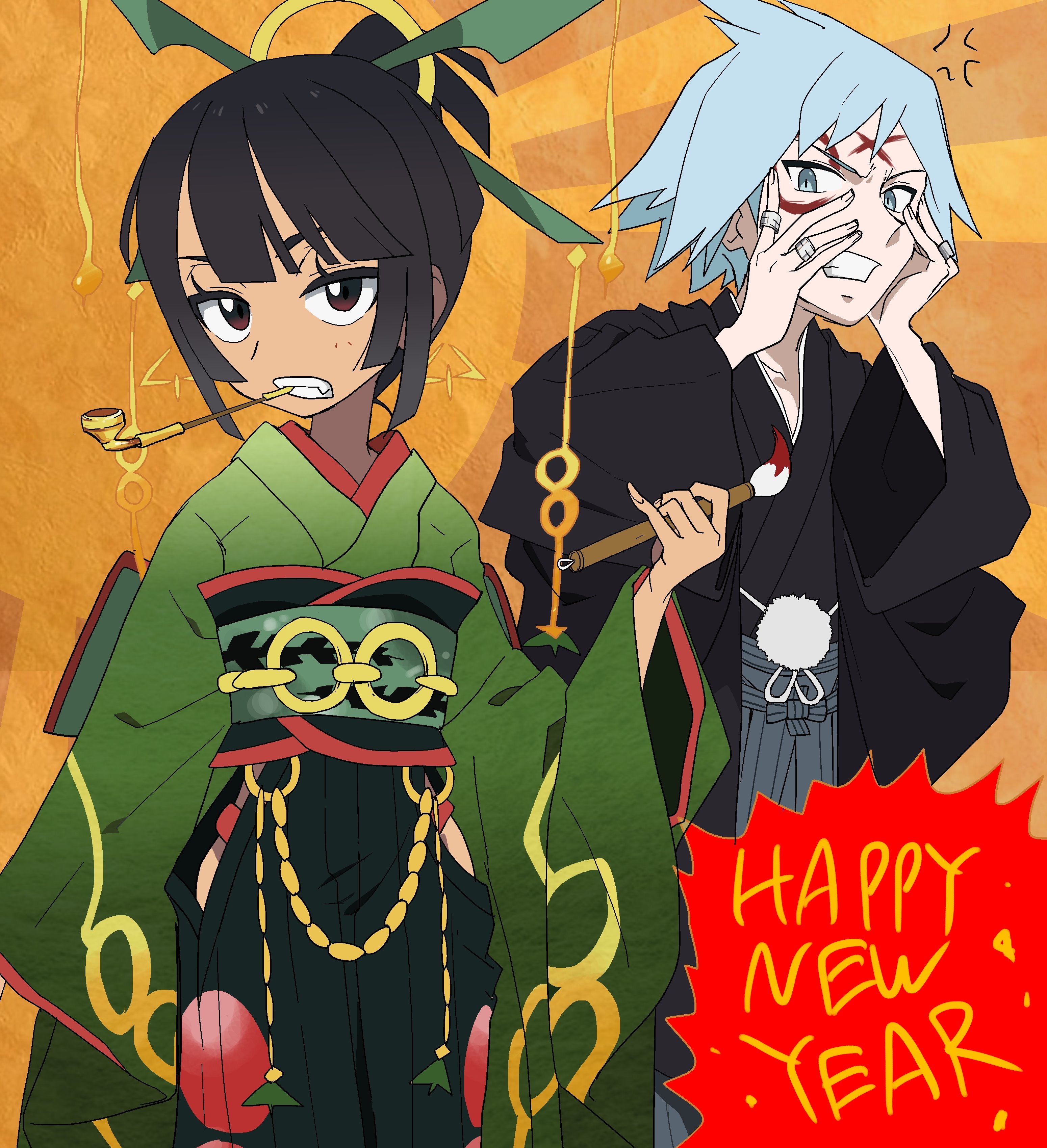 mayapazoo, rayquaza, steven stone, zinnia (pokemon), nintendo, pokemon, pokemon oras, absurdres, commentary request, highres, 1boy, 1girl, black hair, black kimono, blue eyes, blue hair, clothing cutout, cosplay, gen 3 pokemon, green kimono, happy new year, hip vent, holding, holding paintbrush, japanese clothes, kimono, legendary pokemon, looking at viewer, new year, paintbrush, rayquaza (cosplay), smoking pipe, smoking pipe in mouth, yellow background