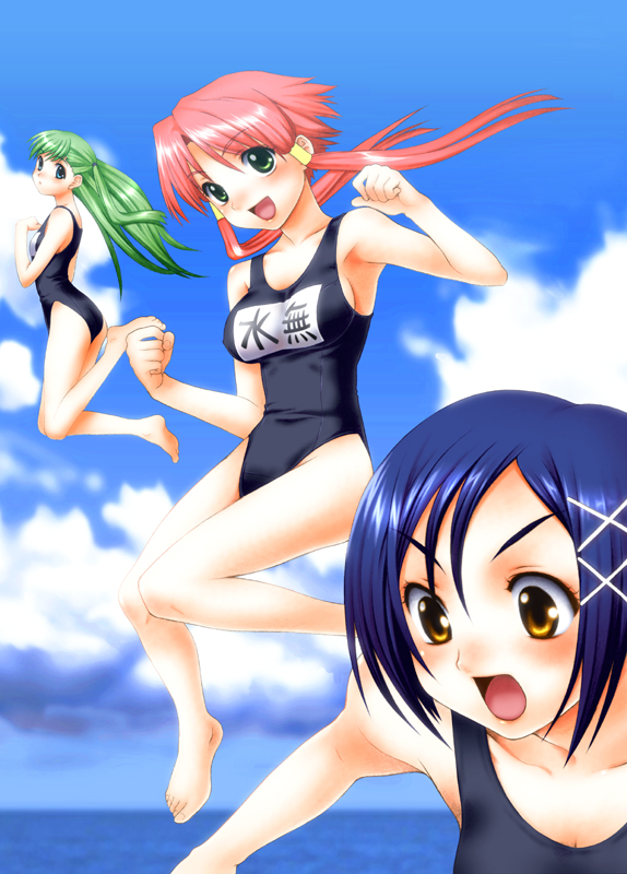 soshina nohito, aika granzchesta, alice carroll, mizunashi akari, aria (manga), 00s, 3girls, armpits, barefoot, blue eyes, blue hair, day, feet, green eyes, green hair, jumping, long hair, multiple girls, one-piece swimsuit, orange eyes, pink hair, ponytail, school swimsuit, short hair, swimsuit
