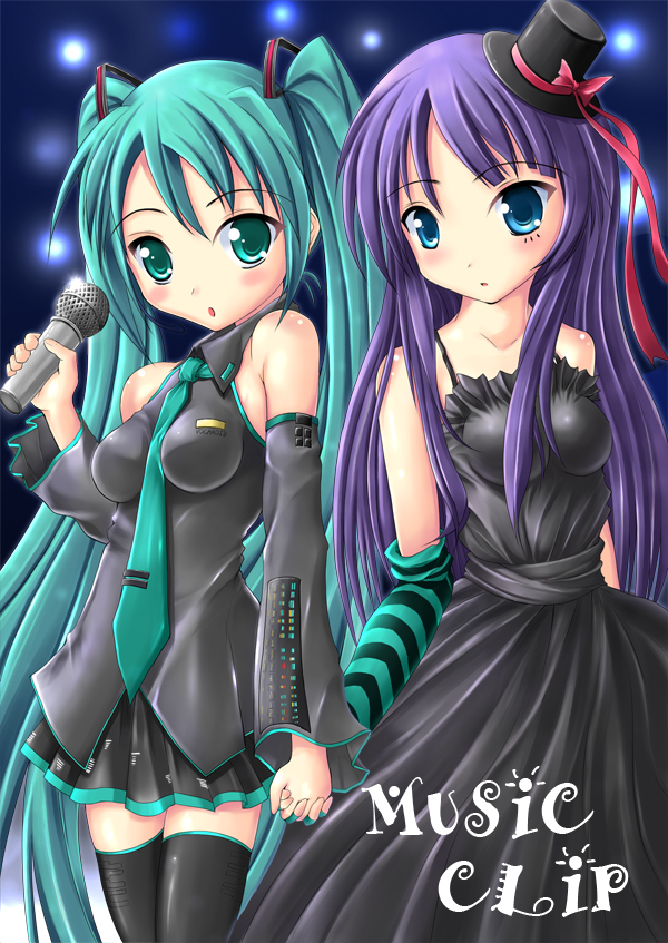syakatan, akiyama mio, hatsune miku, don't say "lazy", k-on!, vocaloid, bad id, bad pixiv id, 2girls, between breasts, blue eyes, breasts, crossover, detached sleeves, dress, fingerless gloves, frills, gloves, green eyes, green hair, hat, holding hands, long hair, mini hat, mini top hat, multiple girls, necktie, purple hair, thighhighs, top hat, twintails