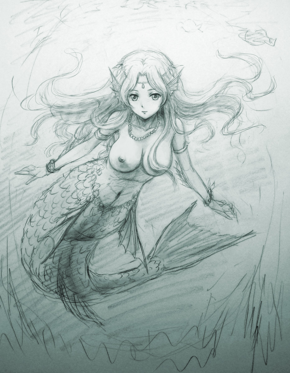 tafuto, original, bad id, bad pixiv id, highres, 1girl, armlet, bracelet, breasts, circlet, completely nude, female focus, fins, fish, floating hair, head fins, jewelry, large breasts, long hair, mermaid, monochrome, monster girl, navel, necklace, nipples, nude, nudist, scales, sketch, solo, swimming, underwater, zenra