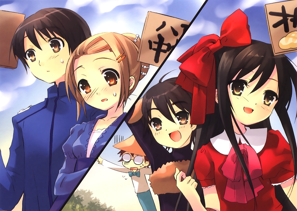 ito noizi, ogata matake, sakai yuuji, shana, yoshida kazumi, shakugan no shana, 00s, 2girls, 3boys, :d, black hair, blue sky, blush, bow, brown eyes, brown hair, day, dress, hair bow, multiple boys, multiple girls, open mouth, puffy short sleeves, puffy sleeves, red dress, short sleeves, sidelocks, sky, smile, twintails