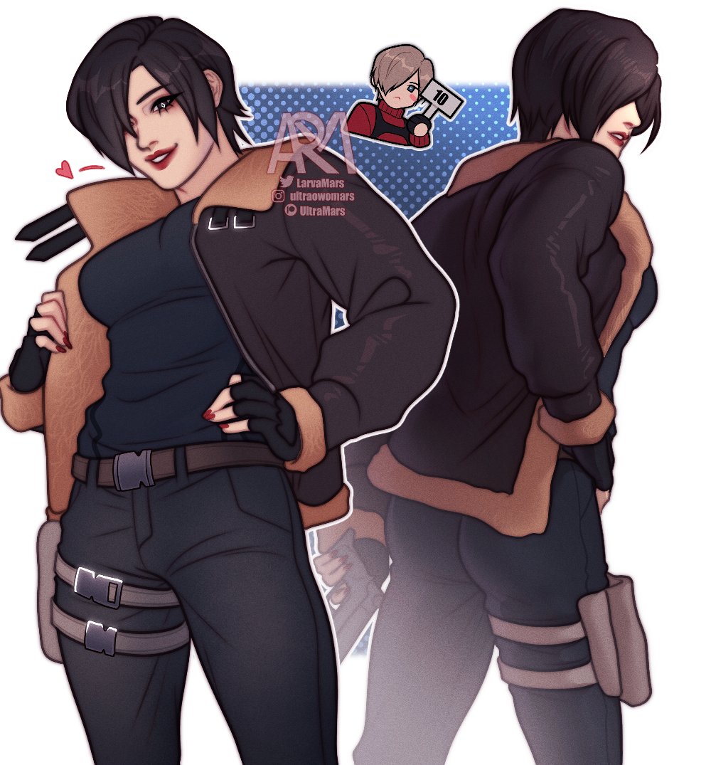 ada wong, leon s. kennedy, resident evil, resident evil 4, resident evil 4 (remake), ada wong (cosplay), artist name, black gloves, black hair, black pants, black shirt, blonde hair, blue background, border, breasts, brown coat, chest harness, coat, cosplay, cow, dress, fingerless gloves, fur-trimmed coat, fur trim, gloves, gun, hair over one eye, harness, holding, holding gun, holding weapon, holster, instagram username, larvamarssz, leon s. kennedy (cosplay), medium breasts, nail polish, pants, parted lips, red dress, red lips, red nails, shirt, short hair, smile, sweater, sweater dress, thigh holster, turtleneck, turtleneck dress, twitter username, weapon, white border