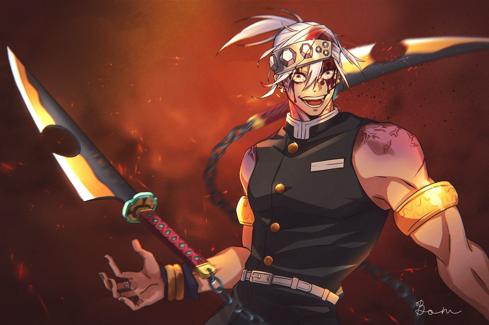 bom61487782, uzui tengen, kimetsu no yaiba, hashtag-only commentary, highres, 1boy, belt, black shirt, blood, blood on face, bloodshot eyes, buttons, chain, hair between eyes, headband, looking at viewer, male focus, open mouth, orange eyes, ponytail, red background, shirt, signature, solo, upper body, veins, veiny arms, white belt, white hair