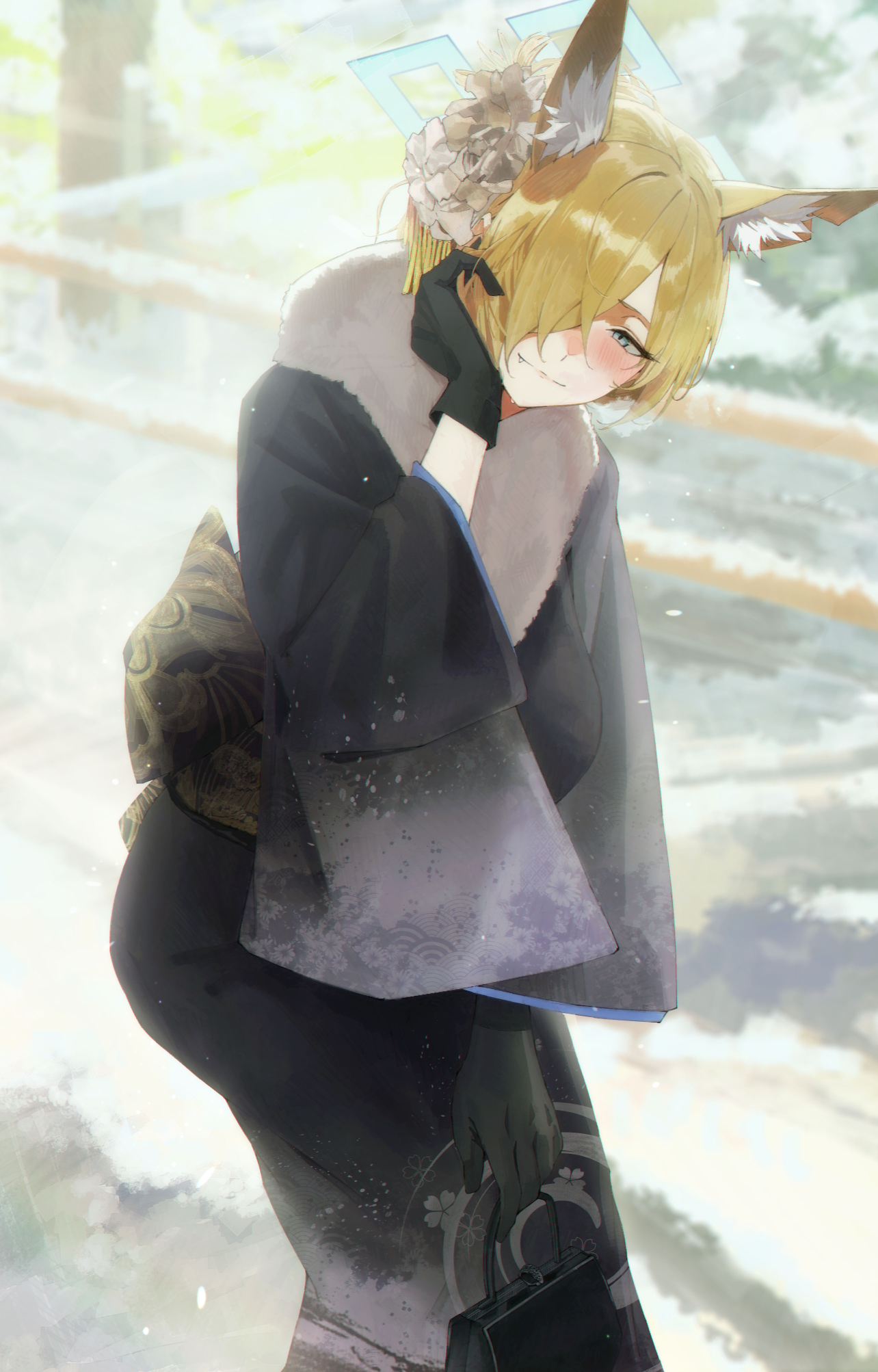 su-102, kanna (blue archive), blue archive, highres, 1girl, alternate costume, animal ear fluff, animal ears, bag, black gloves, black kimono, blonde hair, blue eyes, blue halo, blurry, blurry background, blush, breasts, closed mouth, dog ears, dog girl, extra ears, fang, fang out, feet out of frame, flower, fur-trimmed kimono, fur trim, gloves, hair flower, hair ornament, hair over one eye, halo, handbag, holding, holding bag, japanese clothes, kimono, large breasts, leaning forward, looking at viewer, new year, notched ear, print kimono, snow, solo, updo, white flower