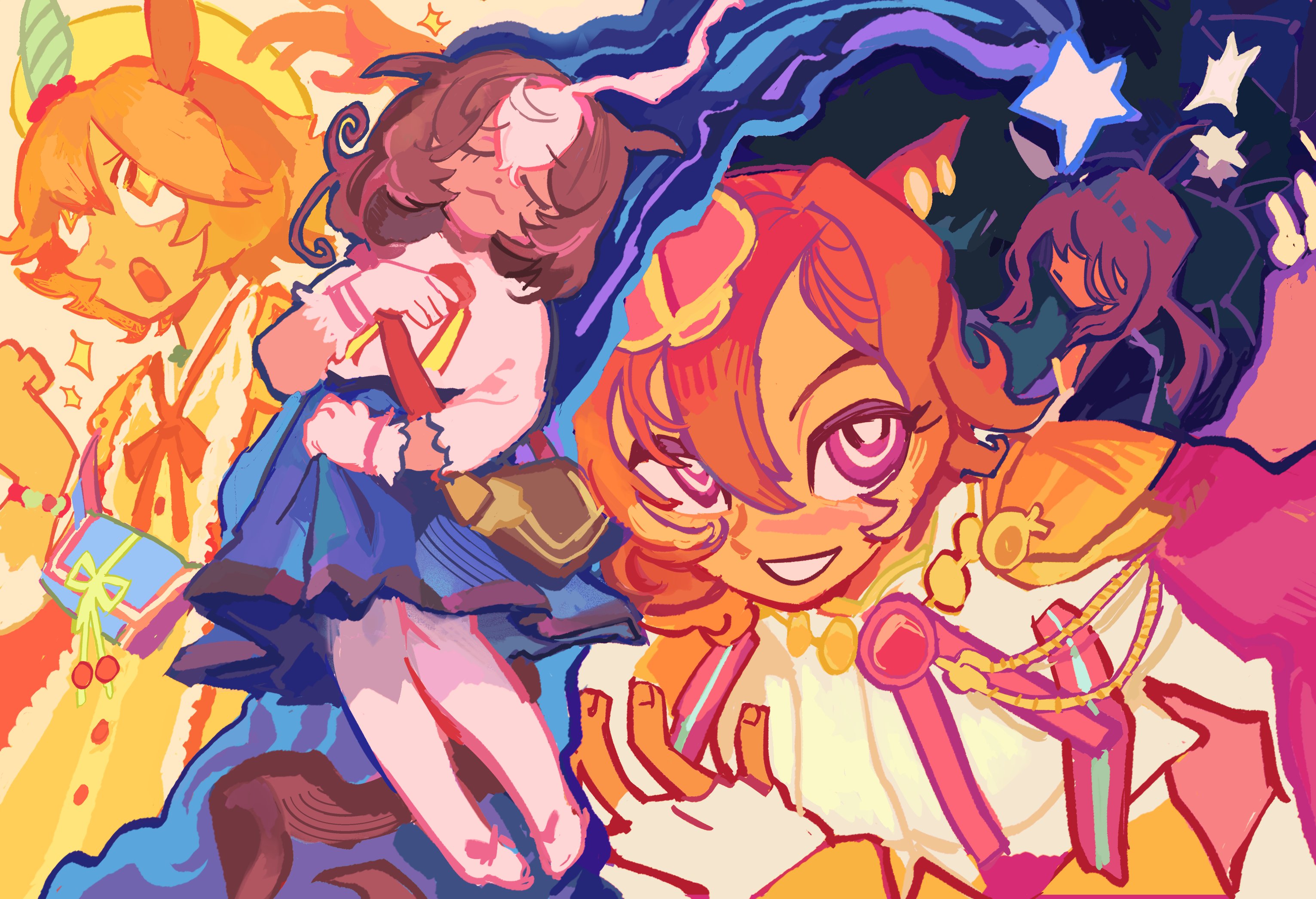 kashimoto riko, matikanefukukitaru (lucky tidings) (umamusume), matikanefukukitaru (umamusume), meisho doto (turbulent blue) (umamusume), meisho doto (umamusume), t.m. opera o (o sole suo!) (umamusume), t.m. opera o (umamusume), umamusume, commentary, english commentary, highres, + +, 4girls, ahoge, animal ear piercing, animal ears, armor, back-to-back, bag, beret, black bag, black jacket, blue skirt, blush, bow, bowtie, brown hair, buttons, cape, center frills, clenched hand, closed eyes, closed mouth, crown, dot nose, dress, ear covers, ears down, excited, eyelashes, faceless, faceless female, fingerless gloves, fingernails, frilled gloves, frills, gloves, gold necklace, hair between eyes, hairband, hand on own chest, happy, hat, high-waist skirt, horse ears, horse girl, horse tail, huge ahoge, jacket, jewelry, knees, long sleeves, looking at viewer, loose hair strand, medium hair, medium skirt, merrodi, mini crown, multicolored hair, multiple girls, multiple piercings, necklace, official alternate costume, open clothes, open jacket, orange bow, orange bowtie, orange hair, pantyhose, pauldrons, pink cape, pink crown, pink eyes, pink hairband, pleated skirt, red bow, red bowtie, shirt, shooting star (symbol), short hair, shoulder armor, shoulder bag, single ear cover, single stripe, skirt, sparkle, sparkling eyes, streaked hair, striped bow, striped bowtie, striped clothes, tail, three-quarter sleeves, white gloves, white pantyhose, white shirt, yellow dress, yellow hat