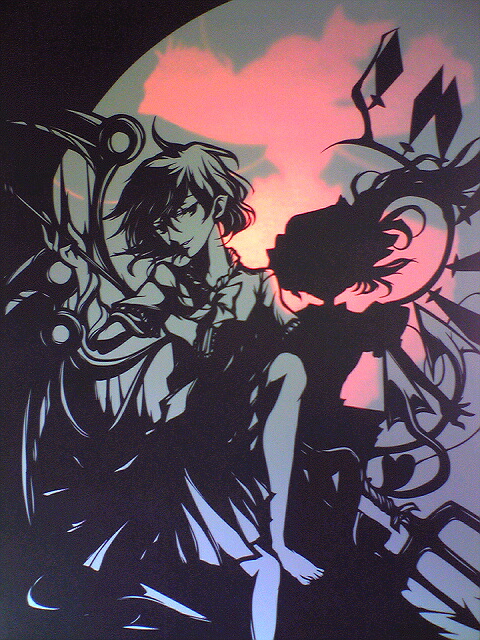 tsubameyado, flandre scarlet, houjuu nue, komeiji koishi, touhou, traditional media, 2girls, female focus, kirigami, monochrome, multiple girls, polearm, silhouette, spear, spot color, trident, weapon