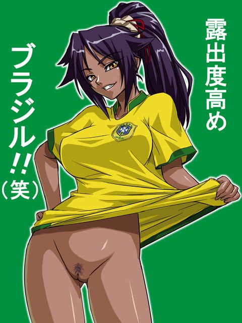 kagami hirotaka, shihouin yoruichi, bleach, translated, 00s, 1girl, bottomless, brazil, breasts, cleft of venus, clothes lift, dark-skinned female, dark skin, female focus, female pubic hair, no panties, pubic hair, pussy, shirt lift, shirt tug, smile, soccer, solo, teeth, uncensored, yellow eyes