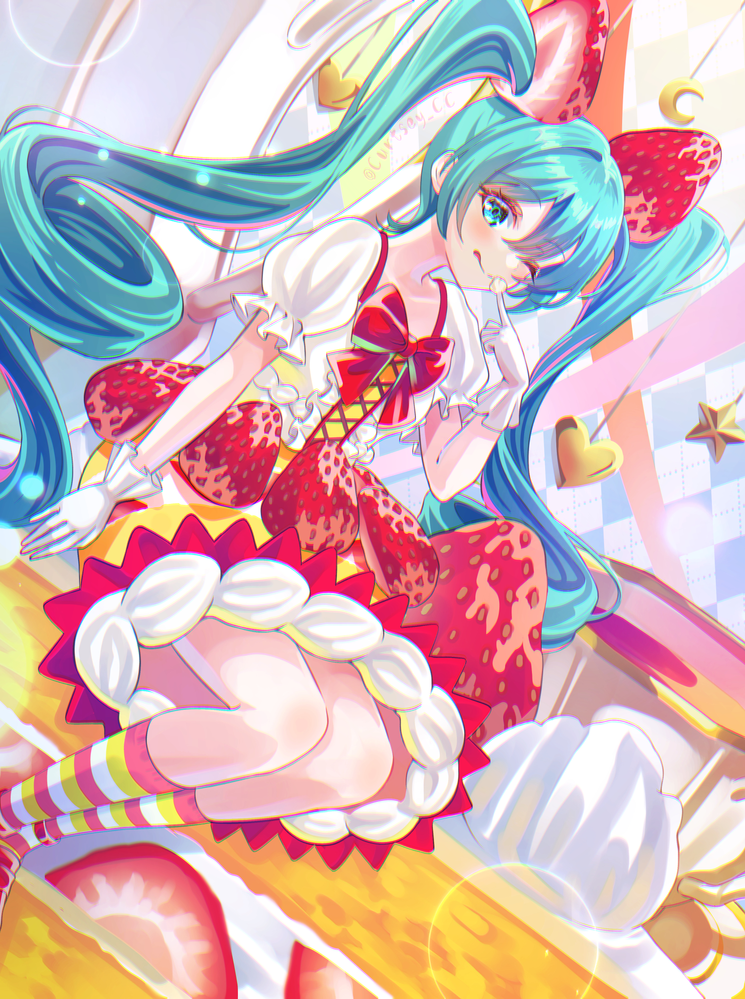 puff, hatsune miku, vocaloid, commentary request, highres, 1girl, aqua eyes, aqua hair, curtsey cc, dress, food-themed hair ornament, frilled dress, frills, gloves, hair between eyes, hair ornament, kneehighs, long hair, one eye closed, puffy short sleeves, puffy sleeves, red dress, red socks, short sleeves, smile, socks, strawberry hair ornament, twintails, very long hair, white gloves