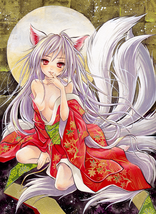 toyoda izumi, original, silver hair, bad id, bad pixiv id, 1girl, animal ears, bare shoulders, blush, breasts, female focus, finger to mouth, fox ears, fox tail, japanese clothes, kimono, long hair, looking at viewer, multiple tails, off shoulder, red eyes, smile, solo, tail, very long hair