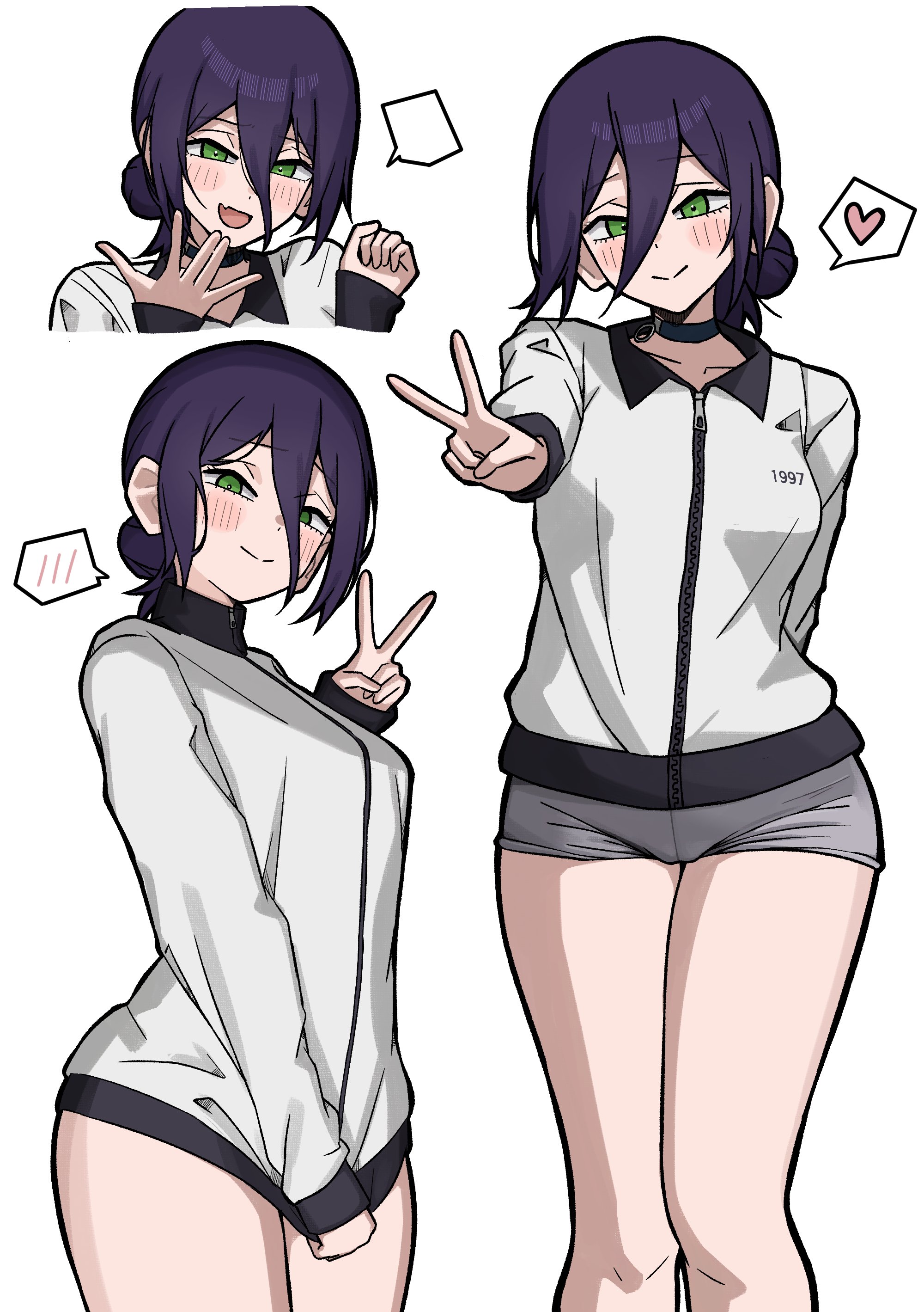 aguxxxuu, reze (chainsaw man), chainsaw man, absurdres, commentary, english commentary, highres, 1girl, black choker, blank speech bubble, breasts, choker, closed mouth, cowboy shot, green eyes, grenade pin, grey shorts, hair between eyes, hair bun, heart, jacket, medium breasts, medium hair, multiple views, open mouth, purple hair, short shorts, shorts, smile, solo, speech bubble, spoken blush, spoken heart, updo, upper body, v, white background, white jacket