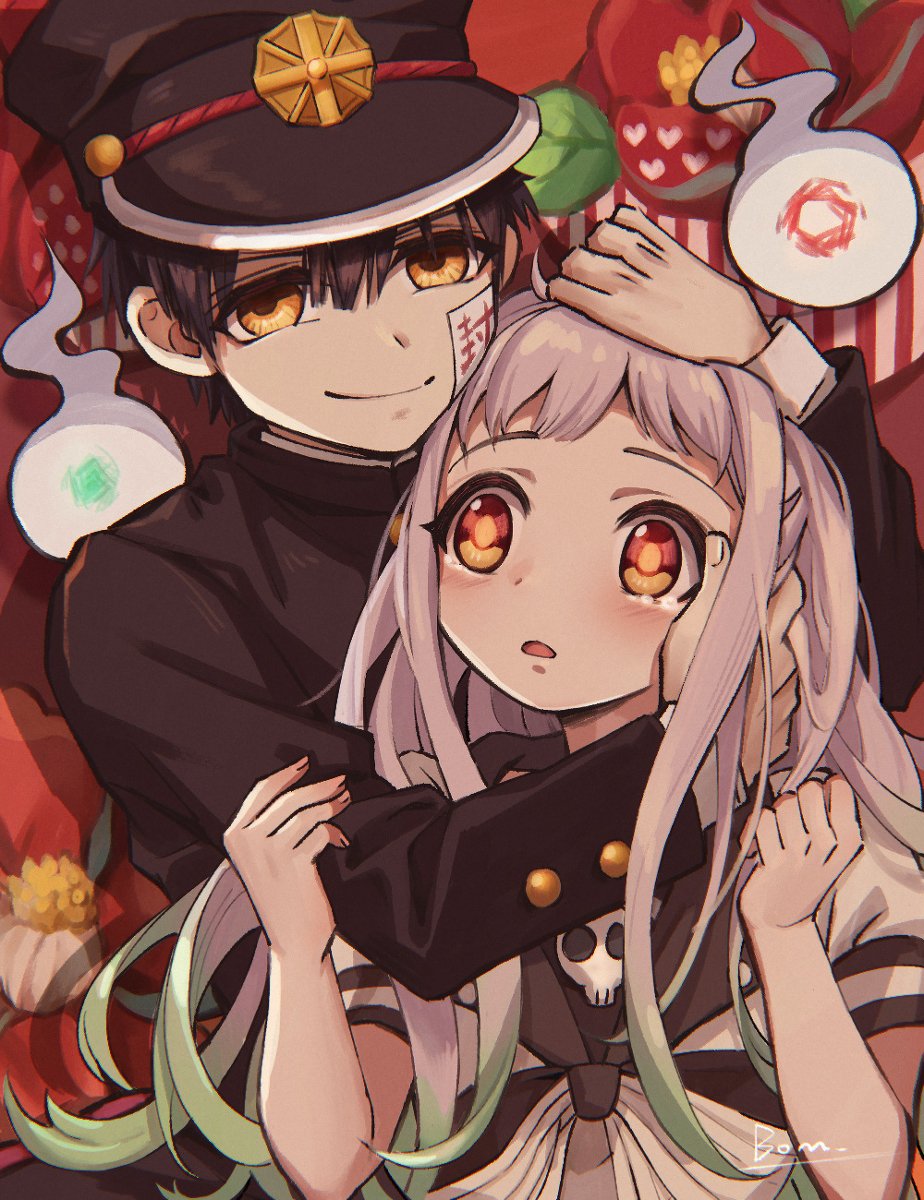 bom61487782, hanako (jibaku shounen hanako-kun), yashiro nene, jibaku shounen hanako-kun, highres, 1boy, 1girl, black hair, black sailor collar, blush, camellia, closed mouth, flower, grey hair, hat, hitodama, hug, long hair, long sleeves, open mouth, orange eyes, parted lips, peaked cap, sailor collar, smile, white hair