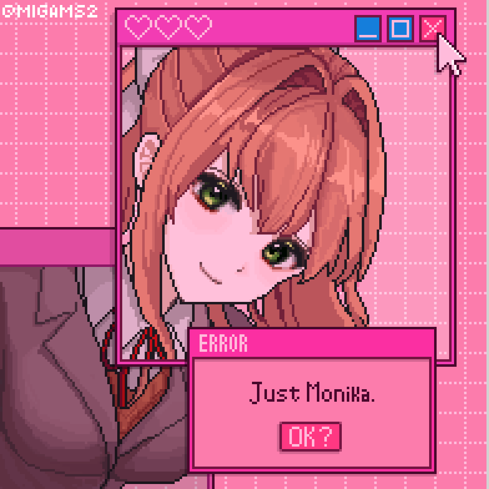 monika (doki doki literature club), doki doki literature club, commentary, english commentary, 1girl, brown hair, brown jacket, brown vest, character name, closed mouth, collared shirt, cursor, doki doki literature club school uniform, error message, green eyes, grid background, hair intakes, heart, jacket, long hair, looking at viewer, migams2, neck ribbon, pink background, pixel art, red ribbon, ribbon, school uniform, shirt, smile, solo, vest, white shirt, window (computing)