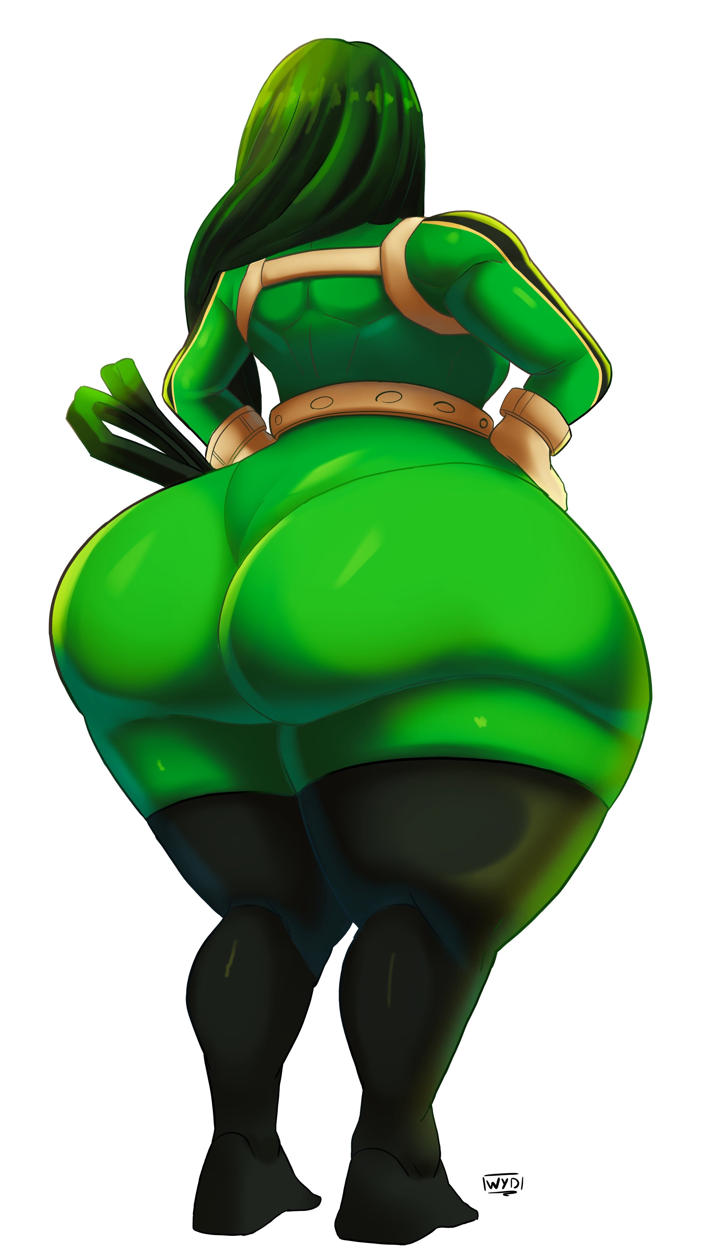 whatyoudeserved, asui tsuyu, boku no hero academia, 1girl, ass, bodysuit, full body, gloves, green bodysuit, green hair, hands on own hips, huge ass, long hair, solo, standing, thick thighs, thighs, wide hips