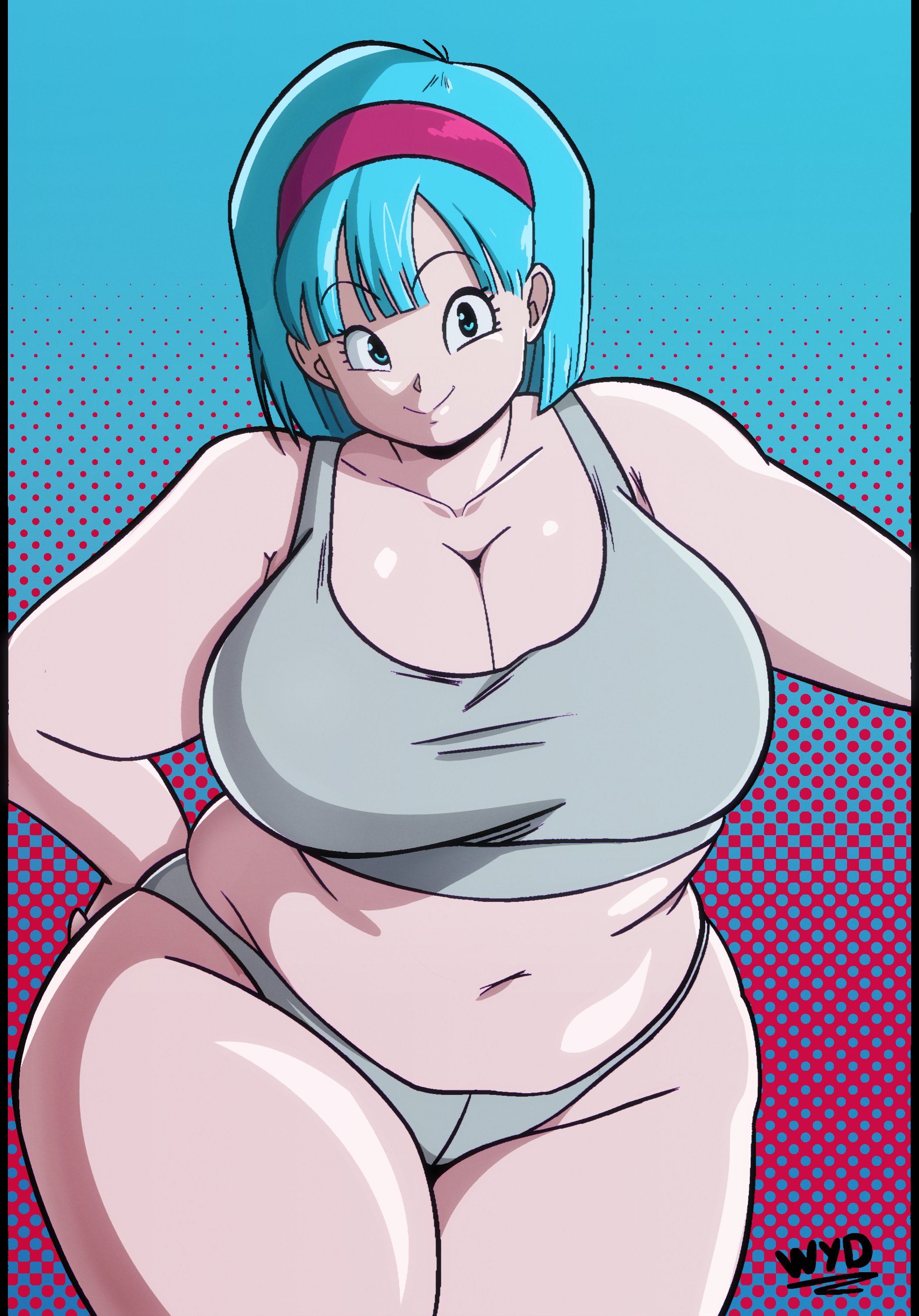 rokasta, whatyoudeserved, bulma, dragon ball, dragonball z, absurdres, highres, 1girl, blue hair, breasts, cleavage, collarbone, grey panties, grey tank top, hairband, hand on own hip, huge breasts, large breasts, looking at viewer, medium hair, navel, panties, plump, red hairband, smile, tank top, thick thighs, thighs, underwear