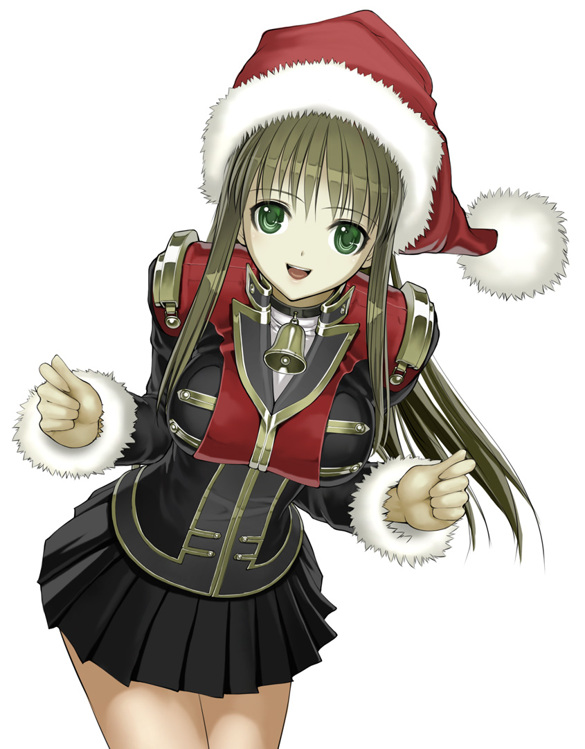 nakabayashi reimei, setsuko ohara, banpresto, super robot wars, bad id, bad pixiv id, 1girl, bell, brown hair, christmas, female focus, green eyes, hat, long hair, santa hat, smile, solo