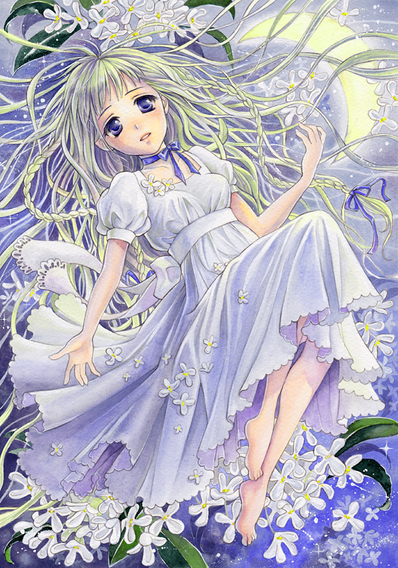 toyoda izumi, original, acrylic paint (medium), bad id, bad pixiv id, millipen (medium), painting (medium), pen (medium), traditional media, 1girl, barefoot, blonde hair, braid, choker, crescent, crescent moon, dress, feet, female focus, flower, lips, long hair, moon, purple eyes, ribbon, solo, very long hair