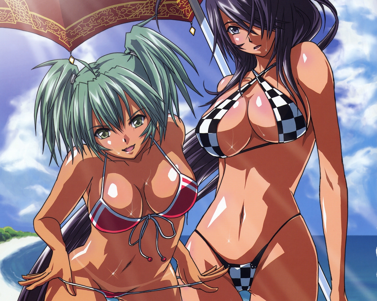 kan'u unchou, ryofu housen, ikkitousen, ikkitousen eloquent fist, 00s, 2girls, beach, bikini, blue eyes, blue hair, breasts, cleavage, cloud, green eyes, green hair, large breasts, long hair, multiple girls, navel, swimsuit, tan