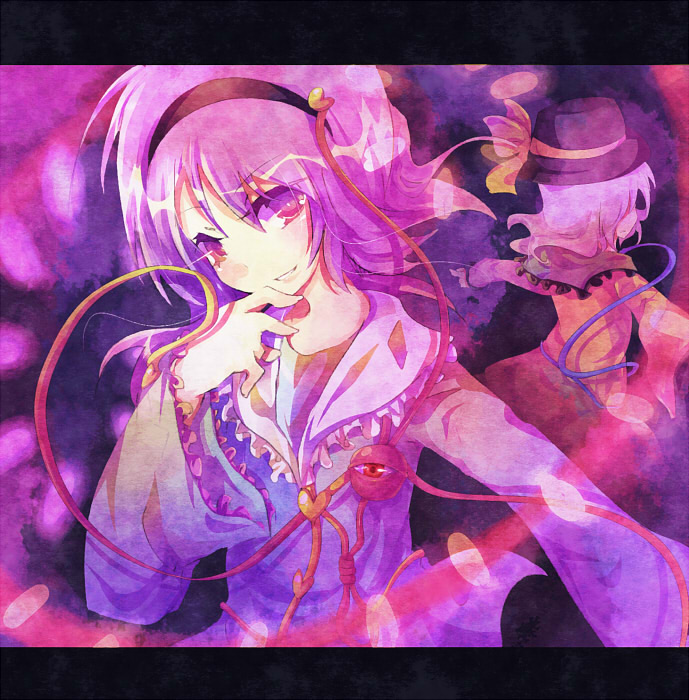 rarami, komeiji koishi, komeiji satori, nagae iku, touhou, bad id, bad pixiv id, 2girls, eyeball, female focus, hat, headband, multiple girls, shawl, siblings, sisters