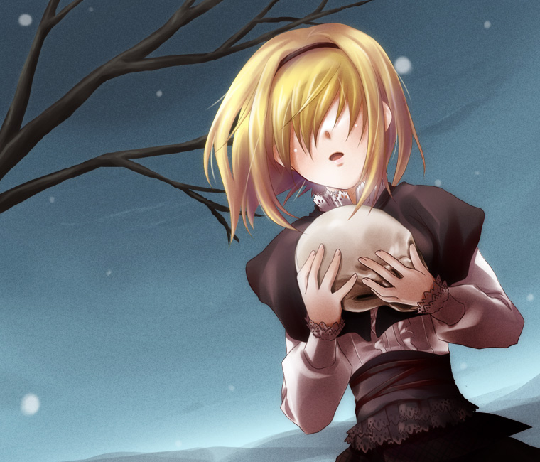 namatarou, alice margatroid, touhou, 1girl, blonde hair, dress, female focus, gradient background, hairband, nature, outdoors, plant, short hair, skull, sky, solo, tree