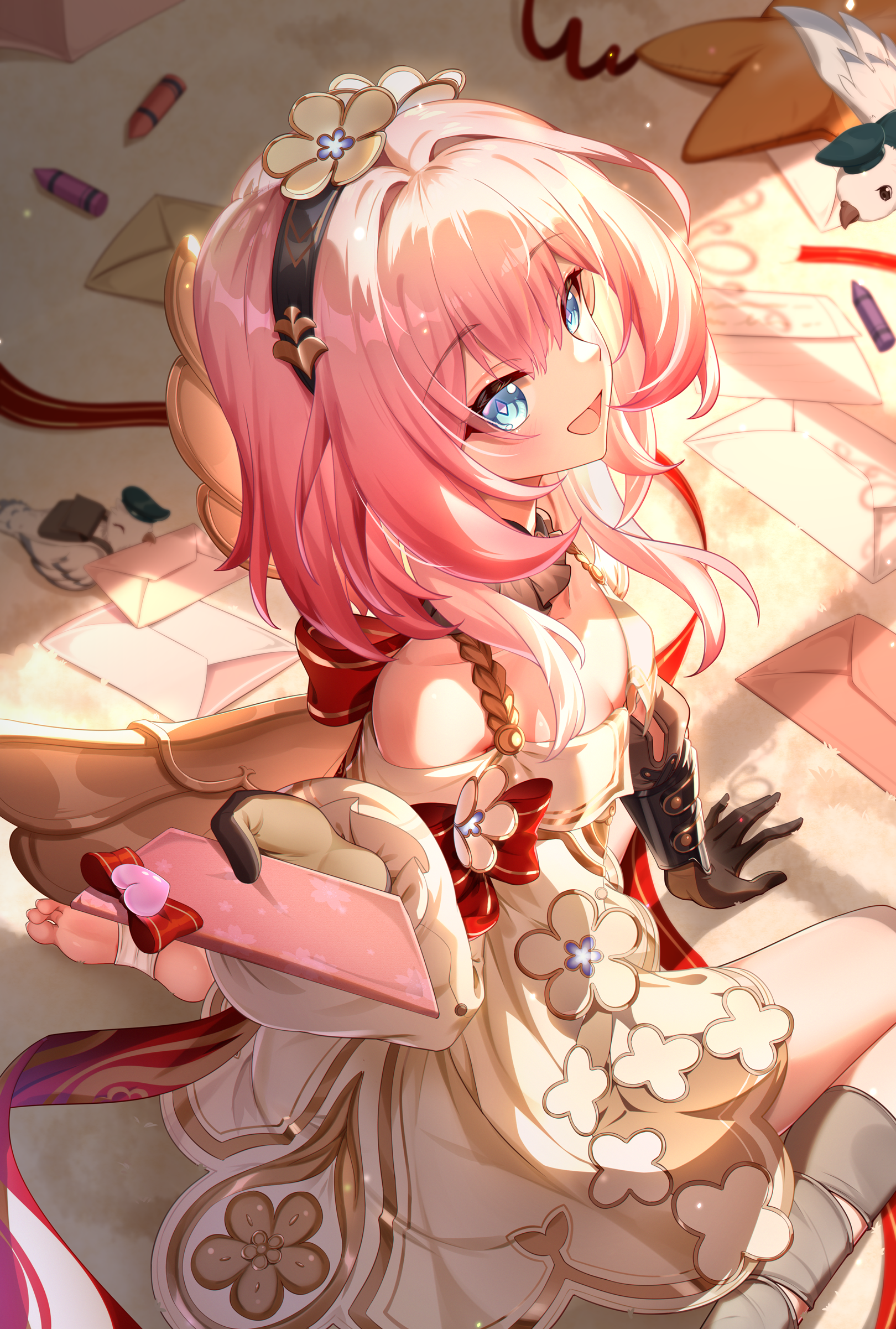 kaede uehara, cyrene (honkai: star rail), cyrene (philia093) (honkai: star rail), tribbie (honkai: star rail), honkai: star rail, honkai (series), absurdres, commentary request, highres, 1girl, black gloves, black hairband, blue eyes, breasts, cleavage, cosplay, crayon, dress, from above, gloves, hairband, holding, multicolored hair, pink hair, short hair, small breasts, smile, solo, tribbie (honkai: star rail) (cosplay), two-tone hair, white dress, white hair