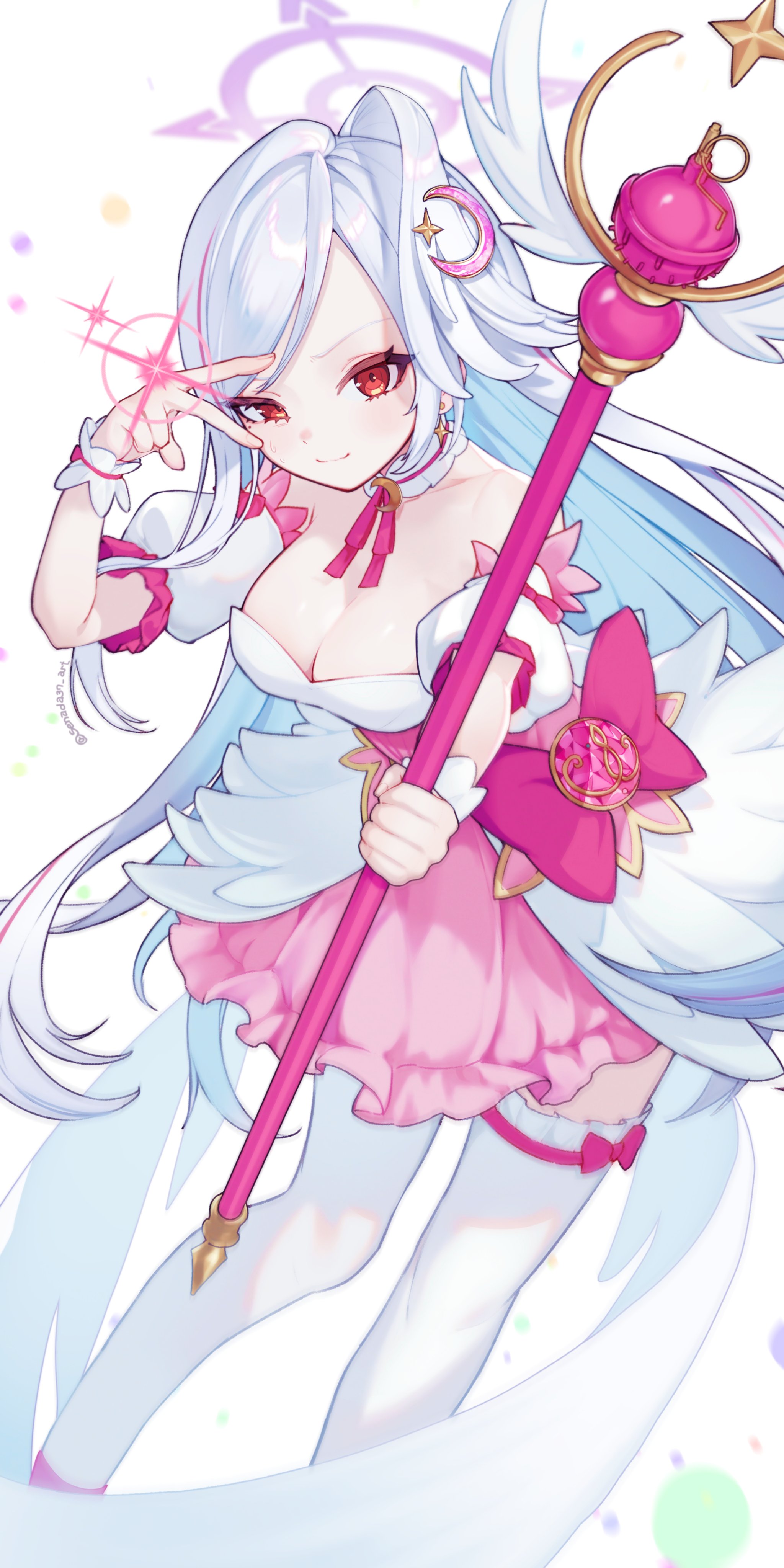 senada37, suzumi (blue archive), suzumi (magical) (blue archive), blue archive, absurdres, commentary request, highres, korean commentary, 1girl, bare shoulders, breasts, cleavage, crescent, crescent hair ornament, detached sleeves, feet out of frame, grey hair, grey wings, hair ornament, halo, head wings, holding, holding staff, long hair, looking at viewer, mage staff, magical girl, official alternate costume, pink halo, red eyes, simple background, single head wing, smile, staff, thighhighs, v, v over eye, white background, white thighhighs, wings