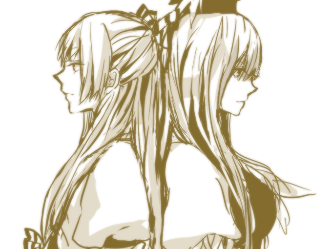mako (black0118), fujiwara no mokou, kamishirasawa keine, touhou, bad id, bad pixiv id, 2girls, back-to-back, brown theme, female focus, hair ribbon, hat, monochrome, multiple girls, profile, ribbon, sepia, serious, simple background, smile, upper body, white background