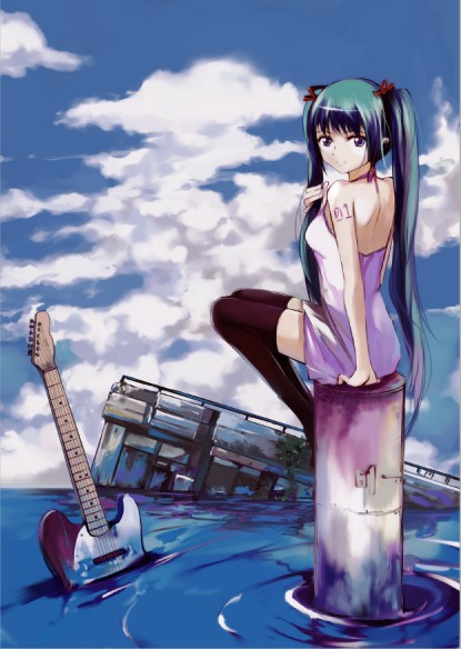 darkdoor, hatsune miku, vocaloid, 1girl, aqua eyes, aqua hair, dress, female focus, guitar, instrument, long hair, looking back, outdoors, ruins, sitting, sky, solo, tele(guitar), thighhighs, twintails, very long hair, water