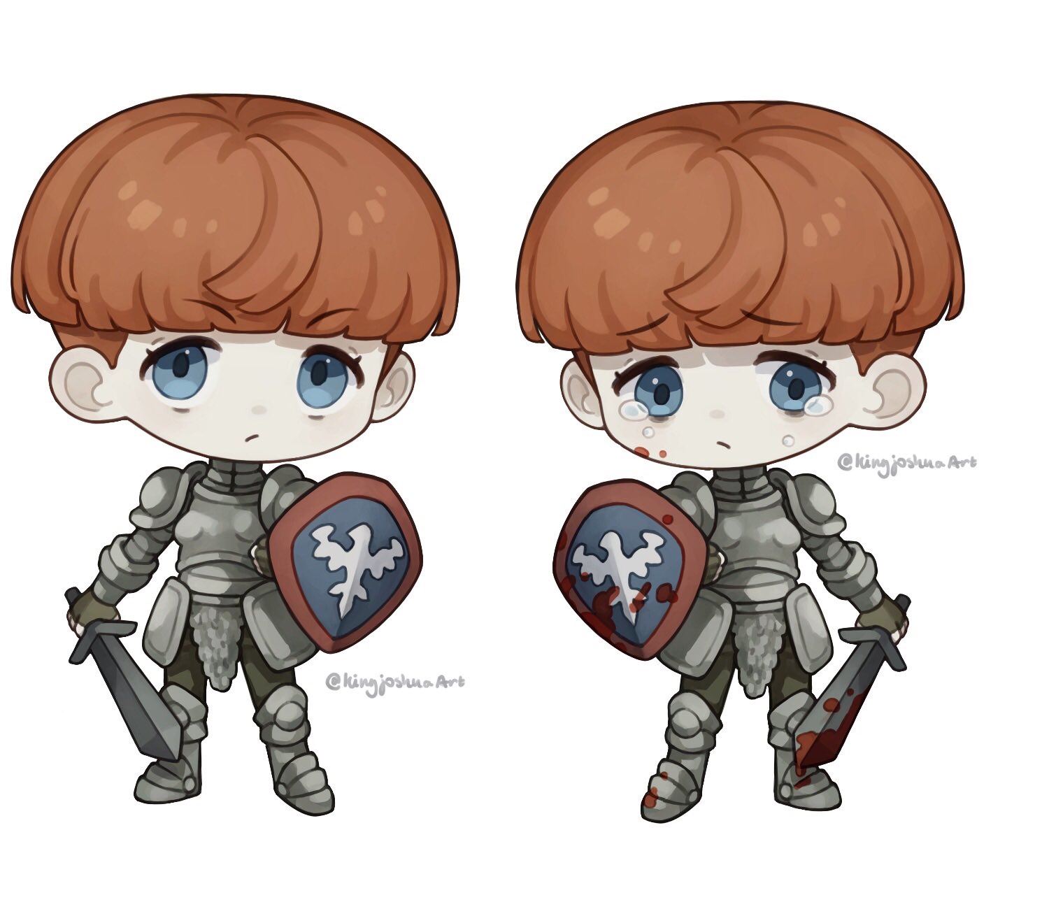 kingjoshua, d'arce (fear & hunger), fear & hunger (series), fear & hunger 1, commentary, english commentary, highres, merchandise available, 1girl, armor, blood, blood on face, bloody weapon, blue eyes, boobplate, breastplate, chibi, chibi only, closed mouth, fingerless gloves, gloves, holding, holding shield, holding sword, holding weapon, knight, looking at viewer, multiple views, orange hair, pauldrons, shield, short hair, shoulder armor, simple background, sword, tearing up, weapon, white background