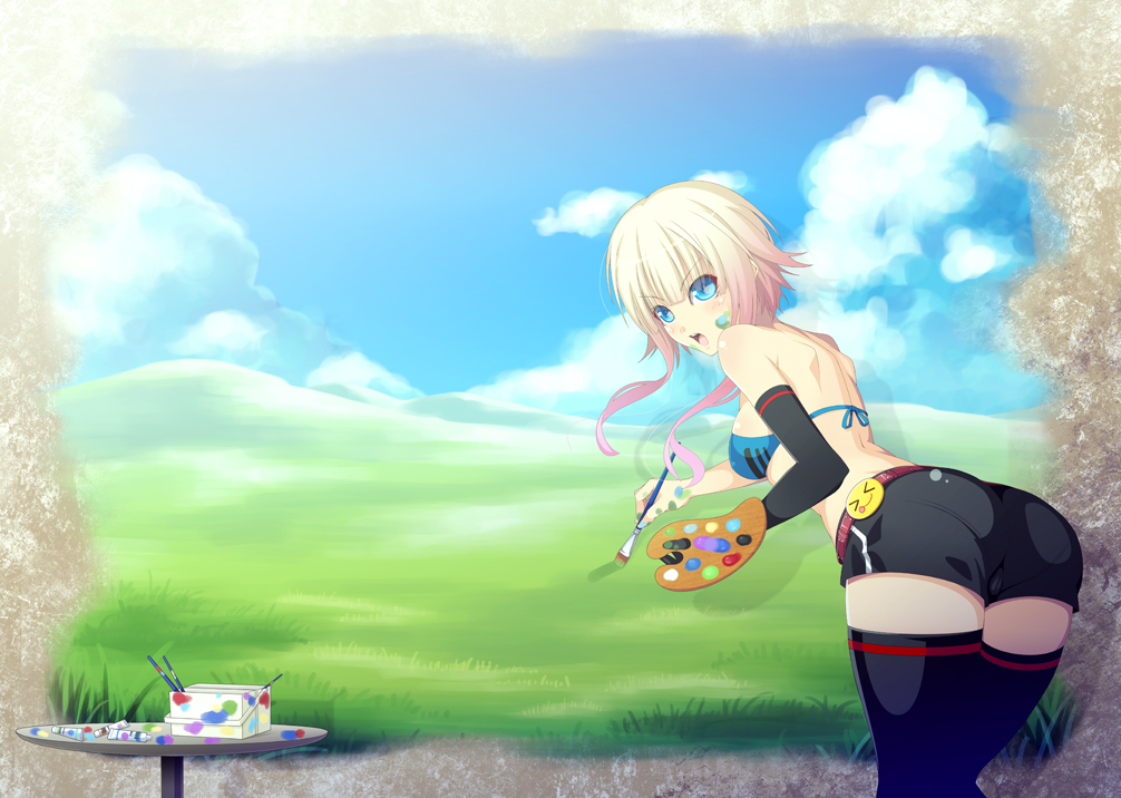 aka (shoumae), oekaki musume, original, bad id, bad pixiv id, 1girl, art brush, bent over, bikini, bikini top only, blonde hair, blue eyes, female focus, leaning forward, looking back, paint, paint palette, paintbrush, shorts, solo, swimsuit, thighhighs