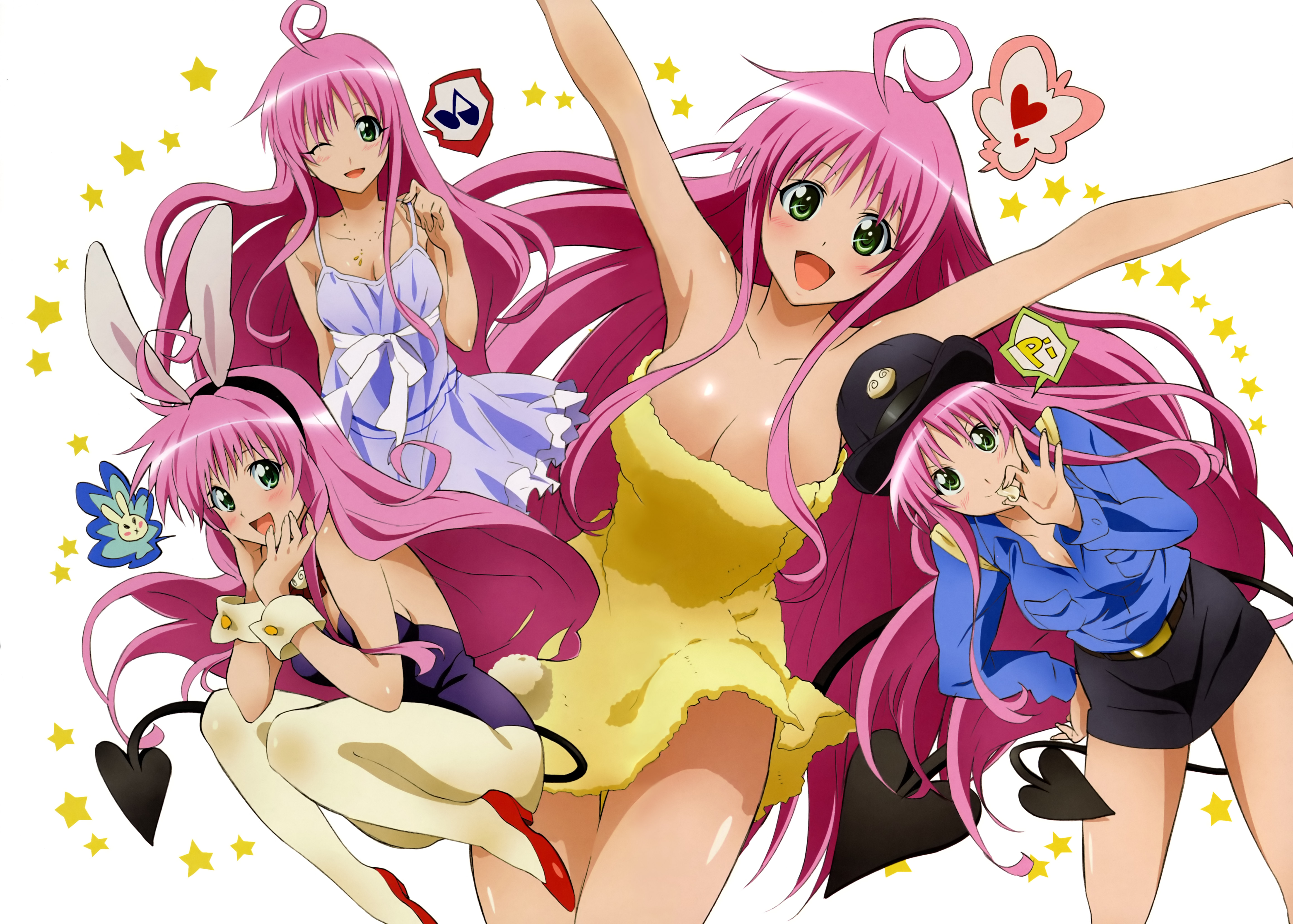 kobayashi chizuru, lala satalin deviluke, peke (to love-ru), to love-ru, uniform, absurdres, highres, 1girl, ahoge, animal ears, blush, breasts, camisole, collage, cosplay, demon tail, dress, fake animal ears, green eyes, hat, large breasts, long hair, multiple views, naked towel, one eye closed, pantyhose, pink hair, playboy bunny, police, rabbit ears, smile, tail, towel, wink