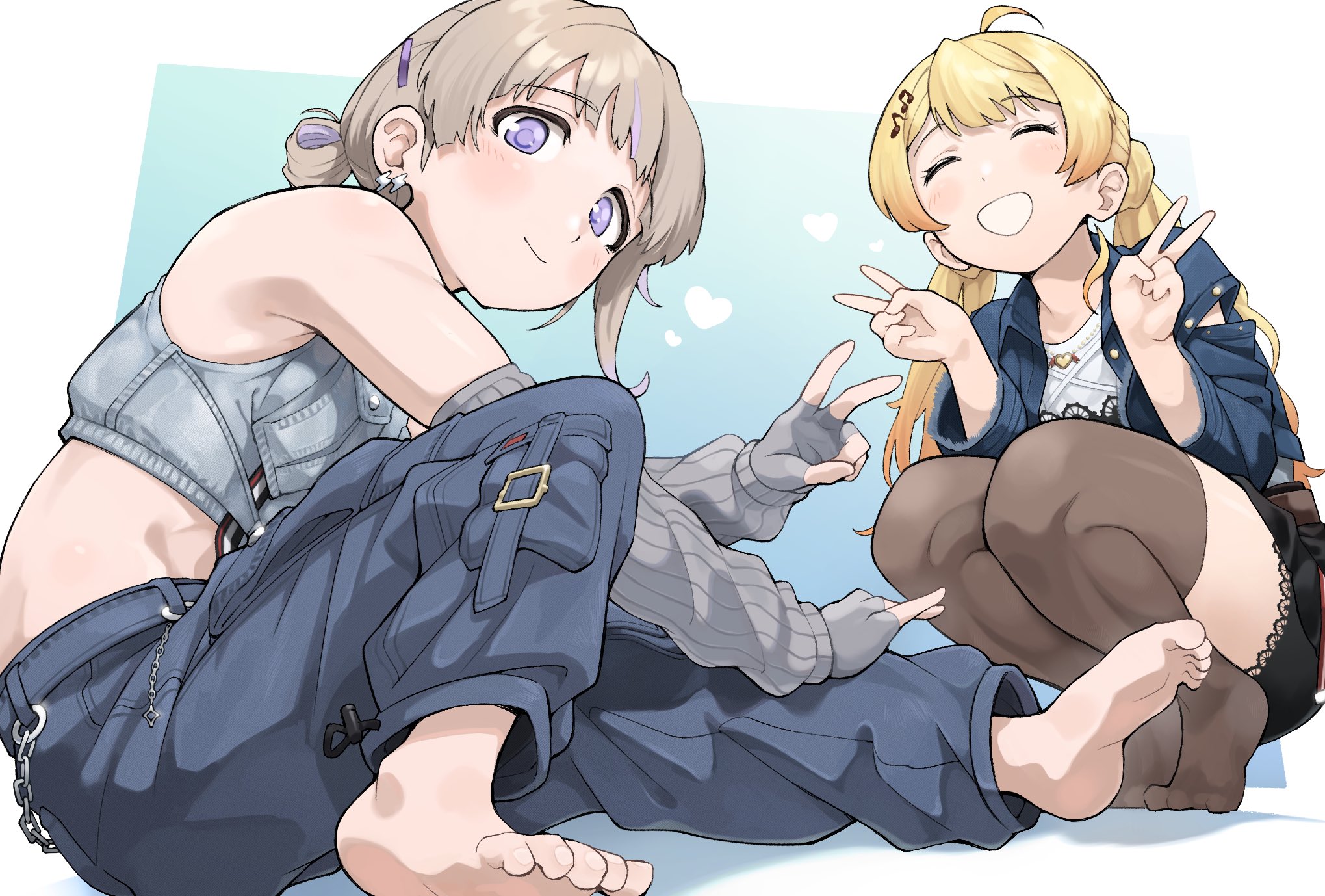yume makurya, original, commentary request, highres, 2girls, ahoge, barefoot, blonde hair, blush, closed eyes, denim, double v, earrings, feet, jacket, jeans, jewelry, long hair, looking at viewer, multiple girls, pants, purple eyes, sitting, smile, soles, toes, v, w