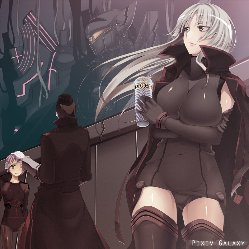 nicole pmonachi, original, silver hair, 1boy, 2girls, breasts, large breasts, long hair, mecha, multiple girls, robot, thighhighs, yellow eyes