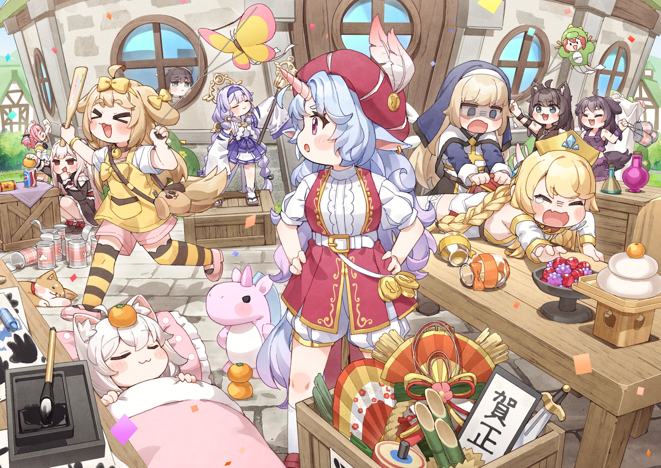 yukie (kusaka shi), butter (trickcal), epica (trickcal), erpin (trickcal), kommy (trickcal), speaki (trickcal), yomi (trickcal), trickcal, character request, commentary request, highres, official art, translation request, > <, 6+girls, :d, ahoge, animal, animal bag, animal ear fluff, animal ears, bag, bare shoulders, beret, blonde hair, blue eyes, blush, bow, braid, brown hair, brown sandals, calligraphy brush, can, chair, closed eyes, closed mouth, confetti, day, dog, dog ears, dog girl, dog tail, door, dress, fang, feathers, food, frilled pillow, frills, fruit, hair bow, hands on own hips, hat, hat feather, holding, holding paddle, holding staff, kite, lightning bolt symbol, long sleeves, low twintails, lying, mandarin orange, multiple girls, nun, nun headdress, on back, open mouth, outdoors, paddle, paintbrush, pillow, pink hair, pink shoes, pink shorts, pleated skirt, profile, puffy short sleeves, puffy shorts, puffy sleeves, purple hair, purple skirt, red eyes, red hat, ribbon-trimmed sleeves, ribbon trim, round window, sandals, shirt, shoes, short sleeves, shorts, shoulder bag, skirt, sleeveless, sleeveless dress, sleeves past fingers, sleeves past wrists, smile, socks, staff, standing, standing on one leg, striped clothes, striped thighhighs, tabi, table, tail, tears, thighhighs, twin braids, twintails, under covers, unicorn horn, veil, white dress, white feathers, white hair, white shirt, white shorts, white sleeves, white socks, window, wrist cuffs, xd, yellow bow, yellow dress, zouri