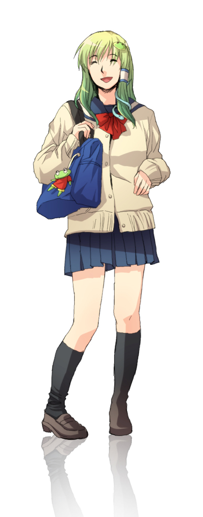 re ghotion, kochiya sanae, touhou, 1girl, alternate costume, artistic error, bad reflection, bag, bow, cardigan, charm (object), closed eyes, contemporary, female focus, frog, full body, green hair, hair bow, hair ornament, kneehighs, legs, long hair, open mouth, reflection, school bag, school uniform, serafuku, shoes, simple background, skirt, socks, solo, standing